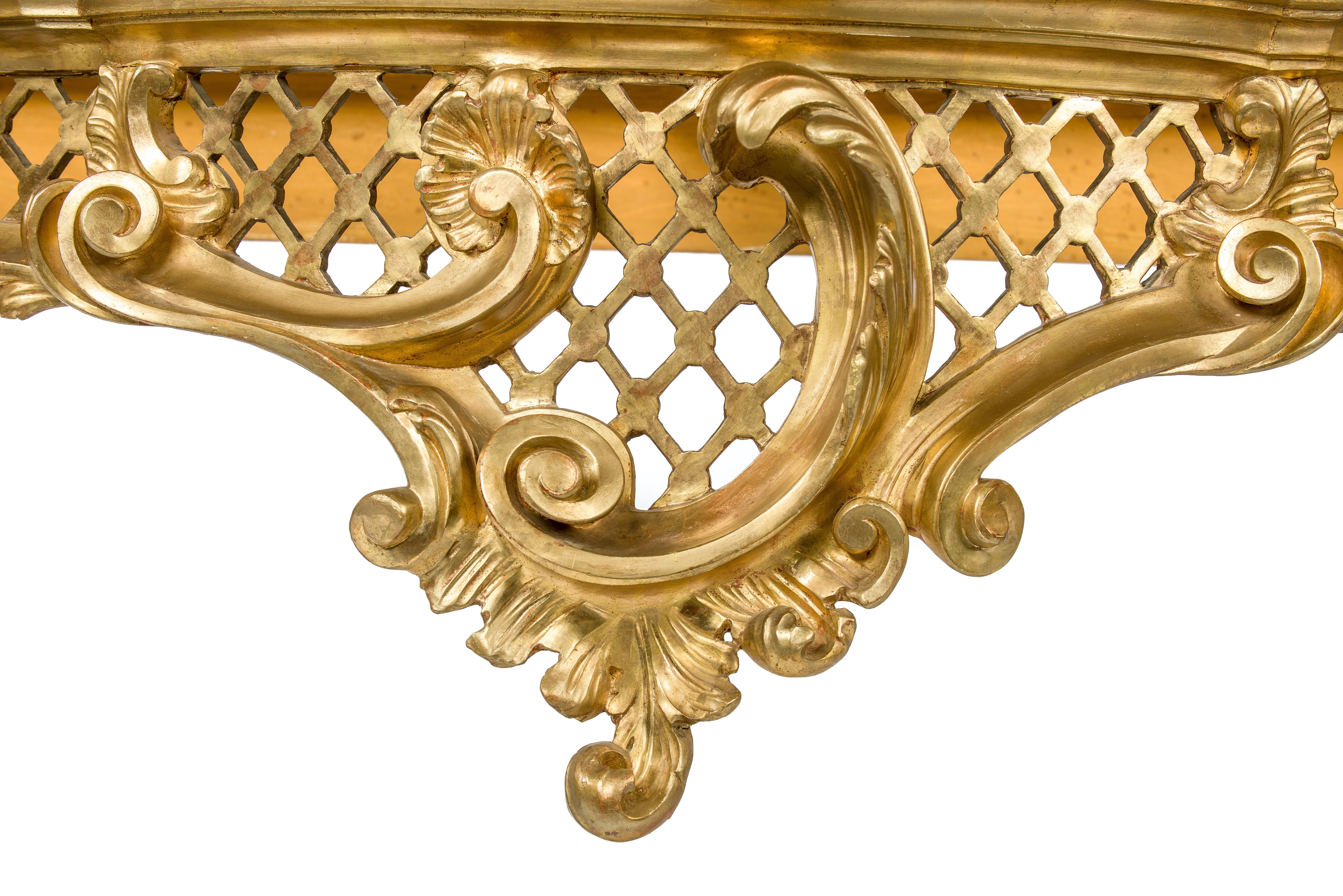 Gilt Italian Gold Gilded Rococo Console Table with Rosso Verona Marble Top For Sale