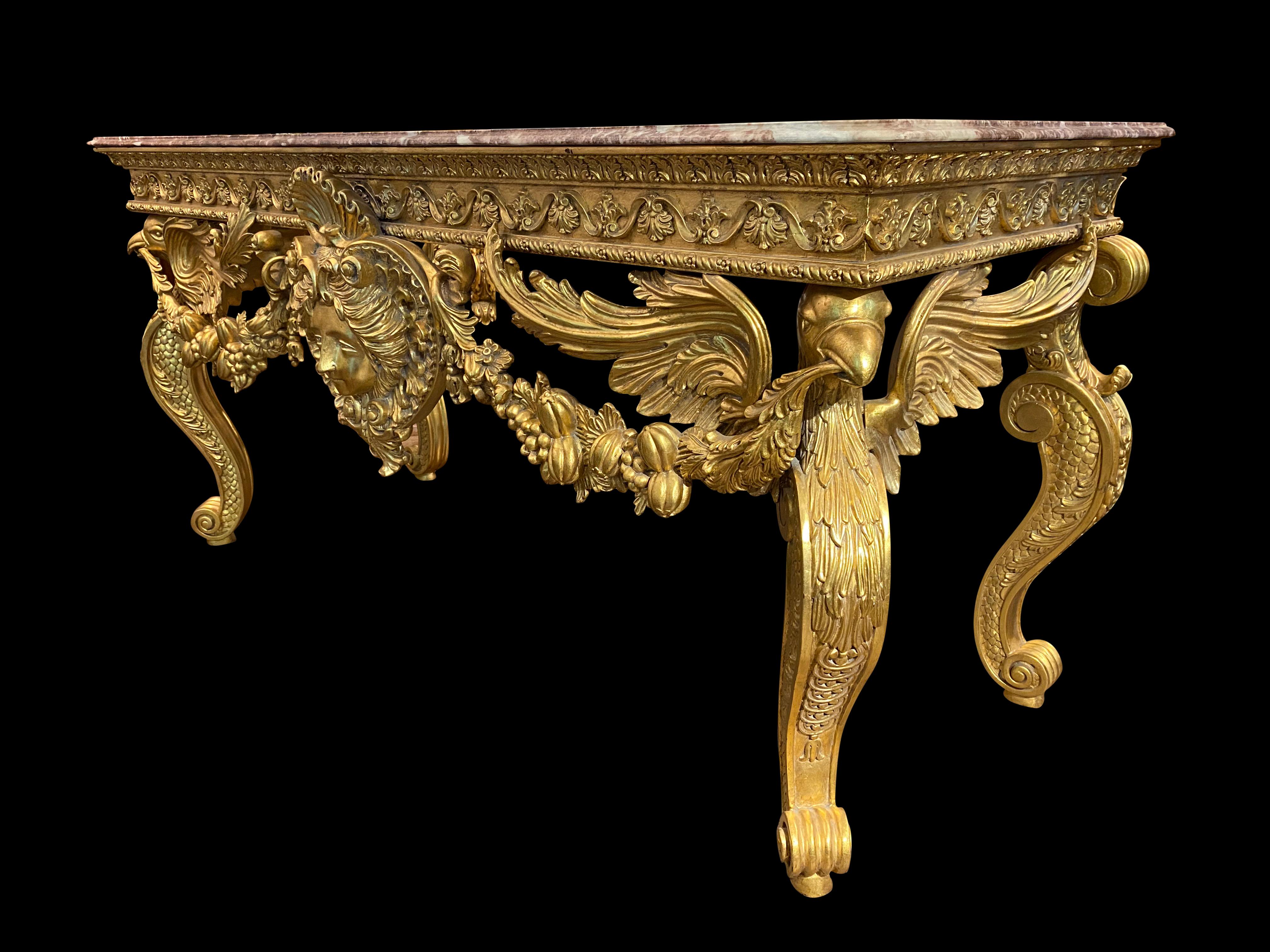 Italian Gold Gilded Rococo Console Table with Rosso Verona Marble Top 3