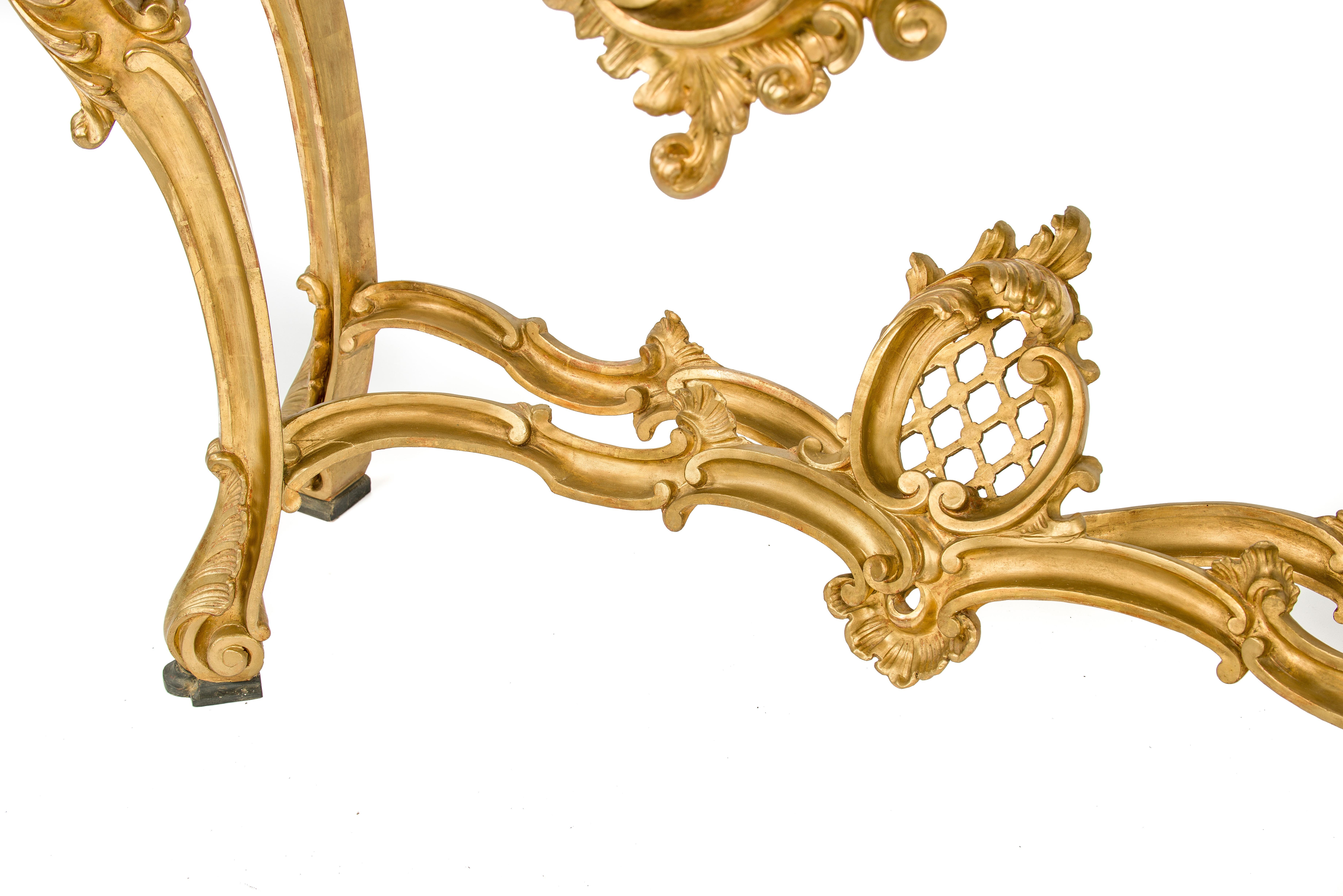 19th Century Italian Gold Gilded Rococo Console Table with Rosso Verona Marble Top For Sale