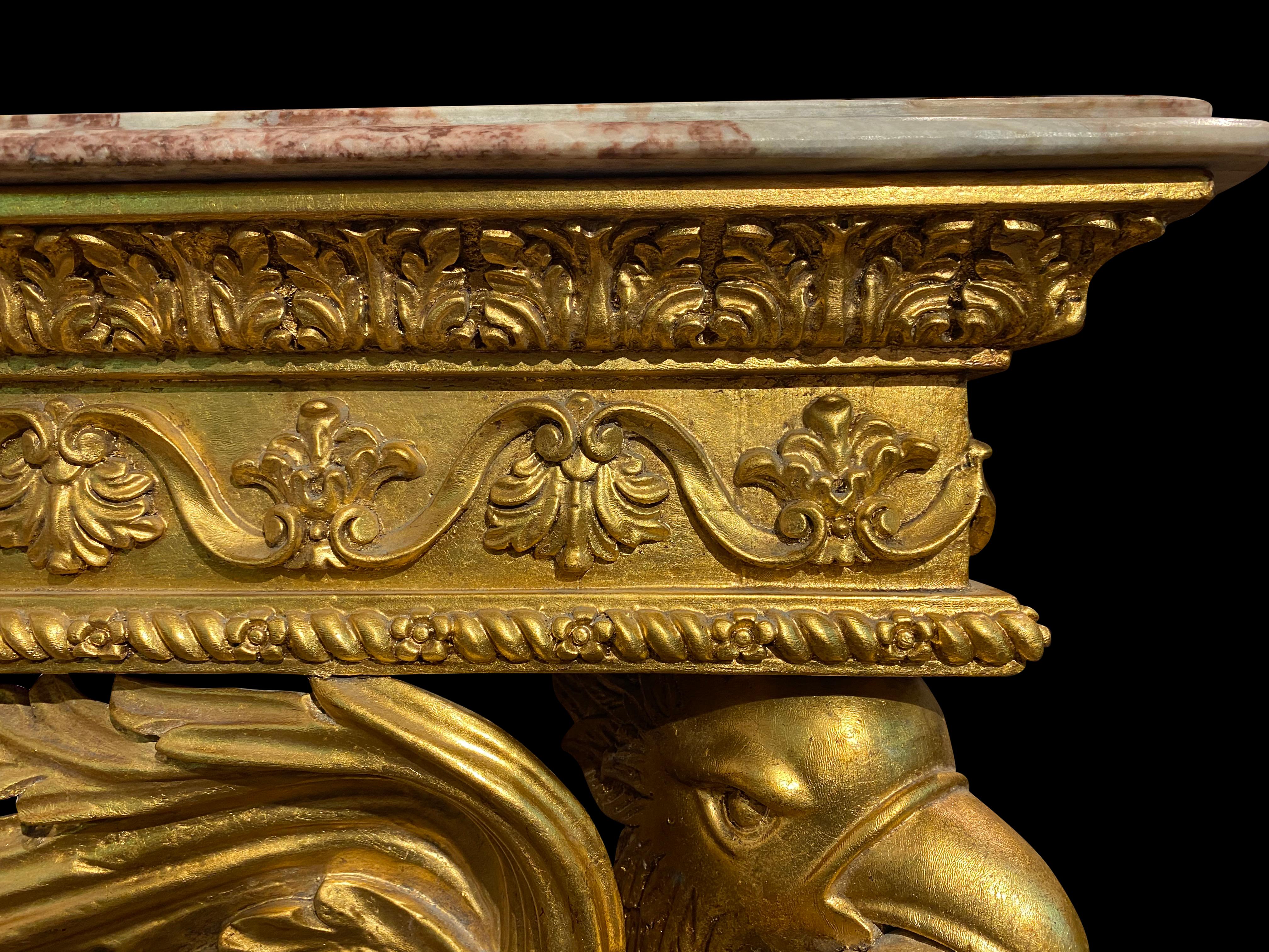 Italian Gold Gilded Rococo Console Table with Rosso Verona Marble Top 4