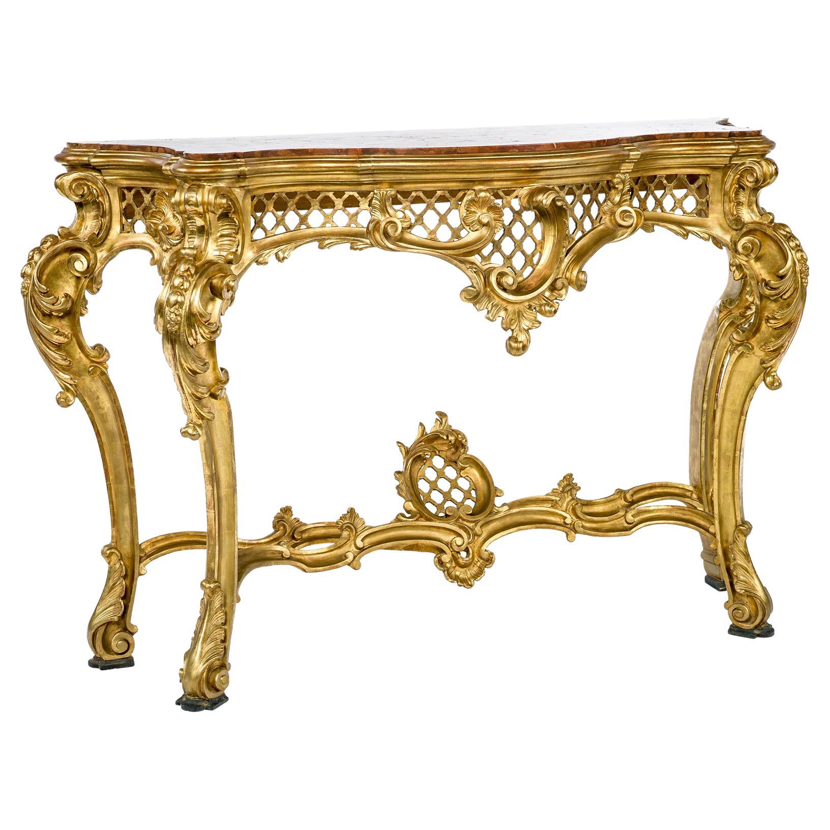 Table console rocococo italienne dorée à l'or avec plateau en marbre Rosso Verona