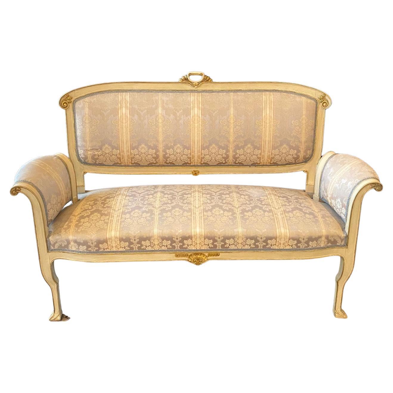 Italian Gold Gilt and Cream Painted Mid Century Art Nouveau Sofa For Sale
