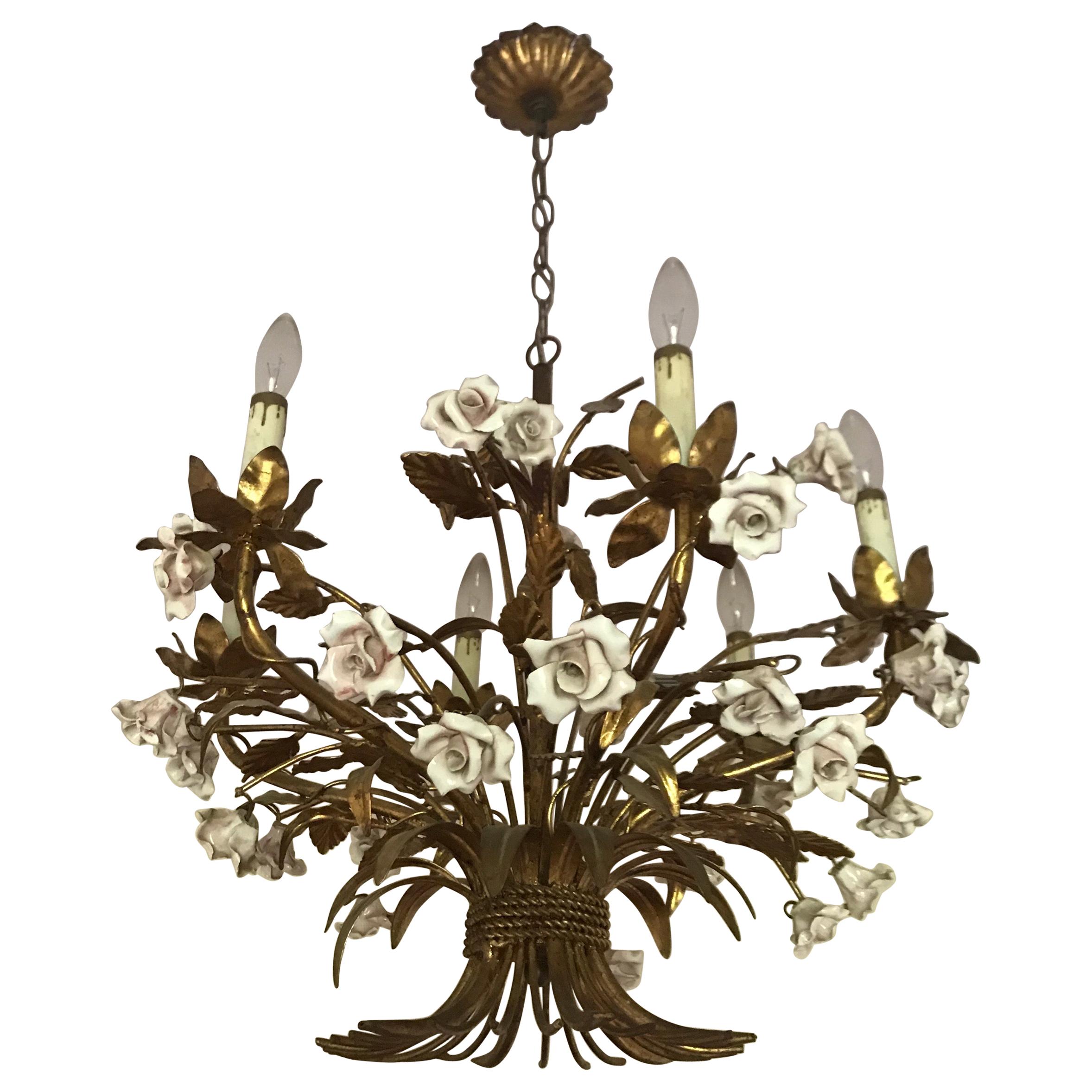 Italian Gold Gilt Chandelier with Pink Porcelain Roses For Sale
