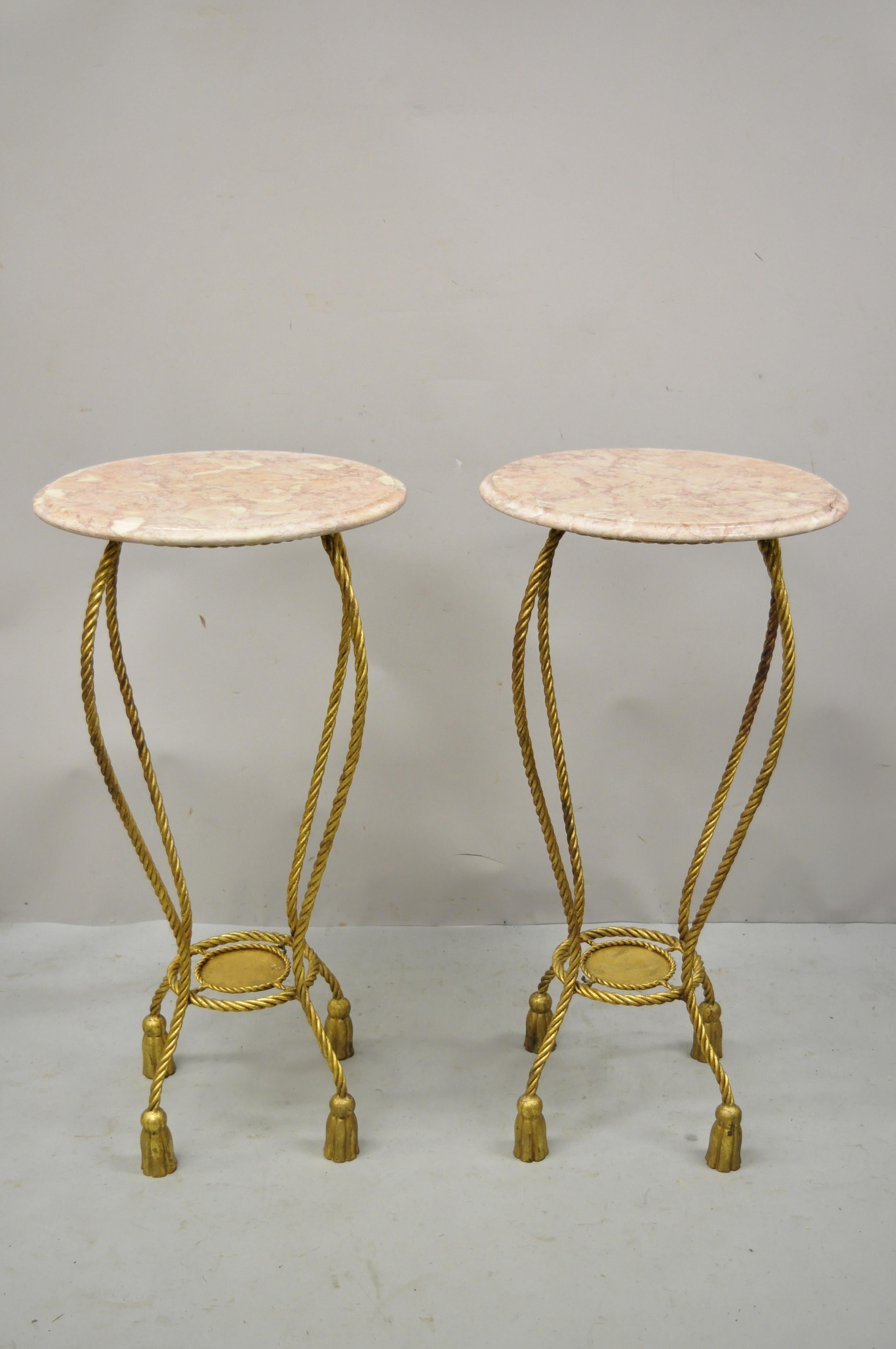 Italian Gold Gilt Iron Rope Tassel Marble Top Tall Pedestal Plant Stand, a Pair For Sale 3