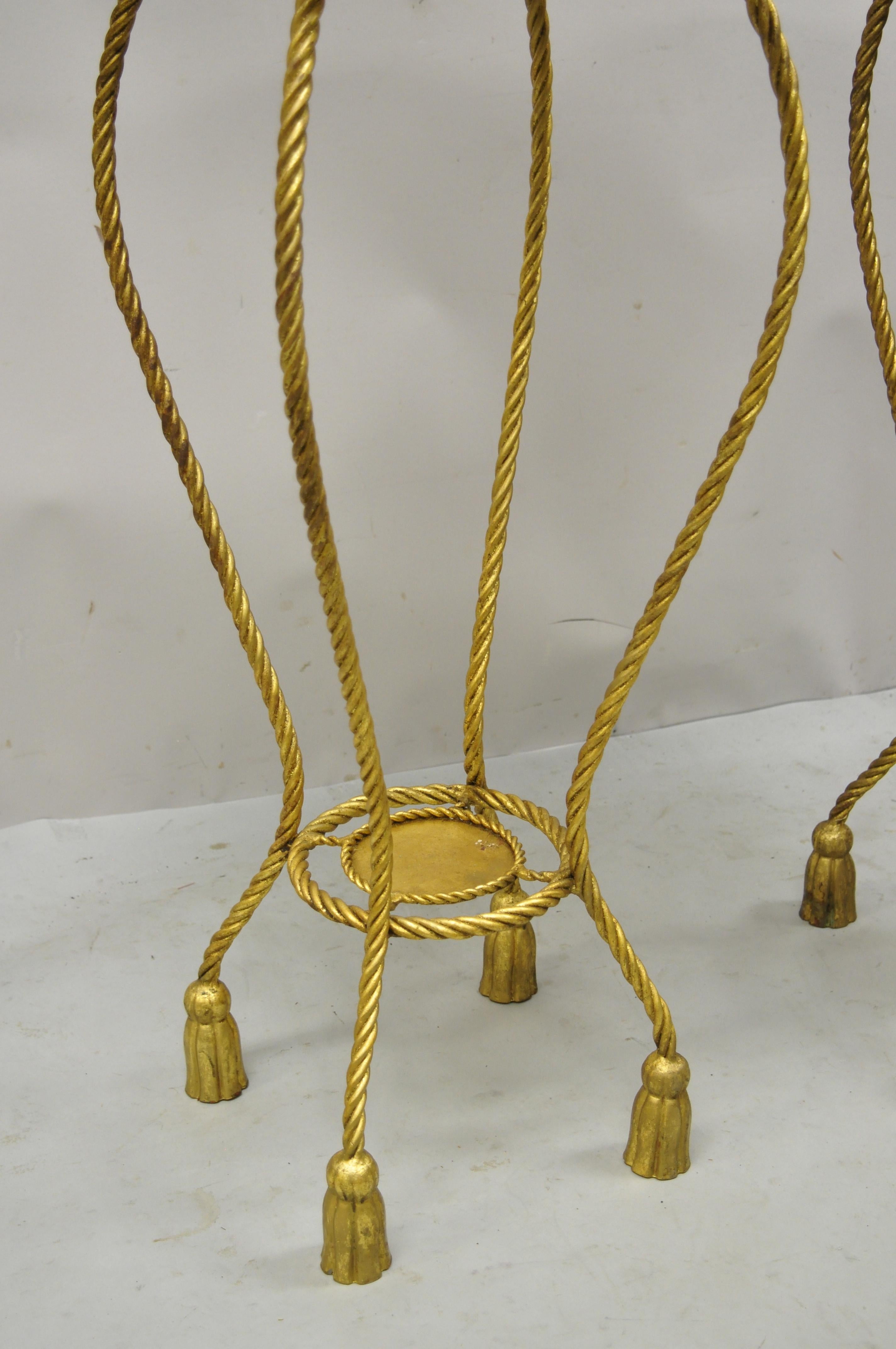 Italian Gold Gilt Iron Rope Tassel Marble Top Tall Pedestal Plant Stand, a Pair In Good Condition For Sale In Philadelphia, PA