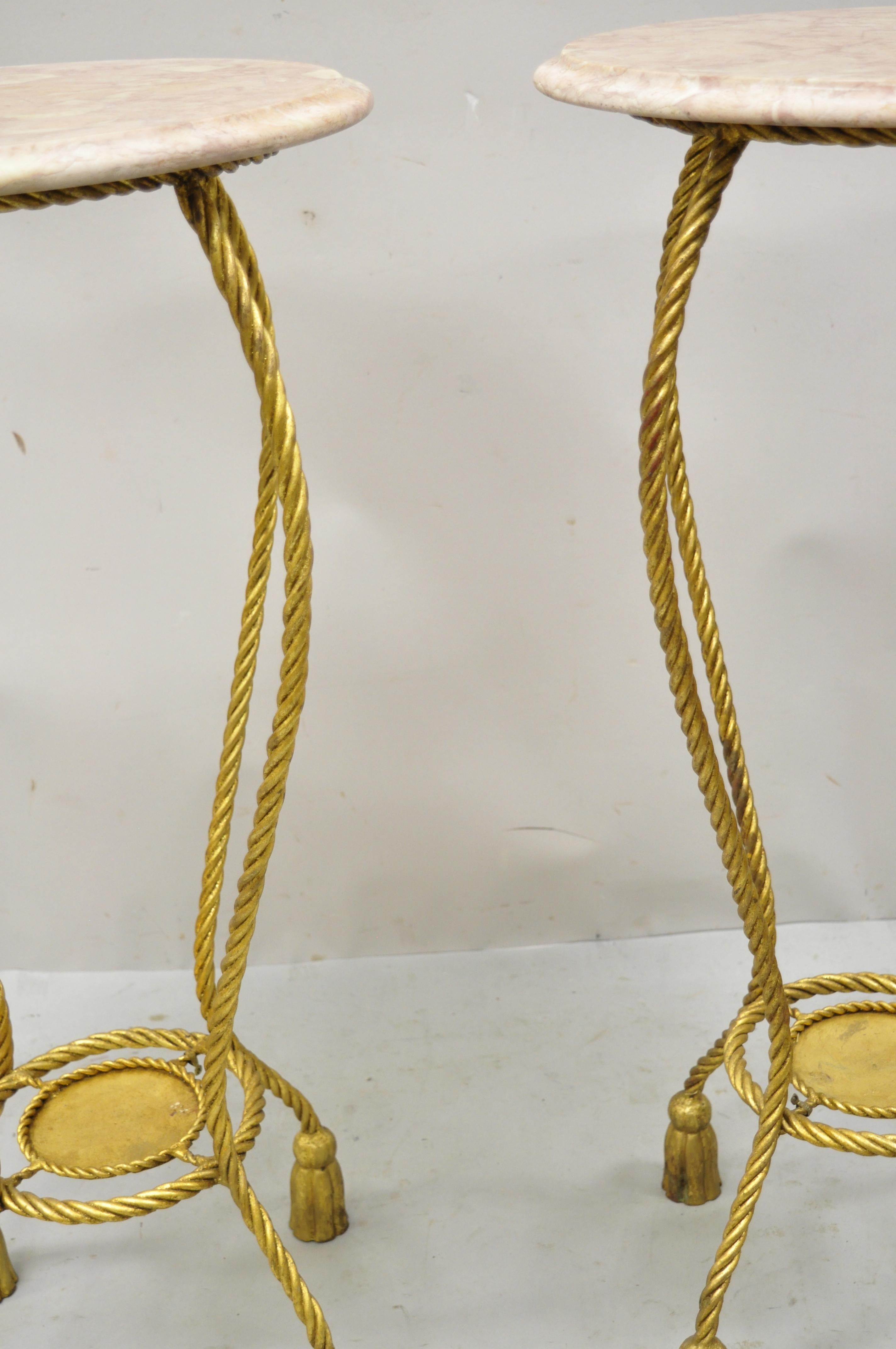 20th Century Italian Gold Gilt Iron Rope Tassel Marble Top Tall Pedestal Plant Stand, a Pair For Sale