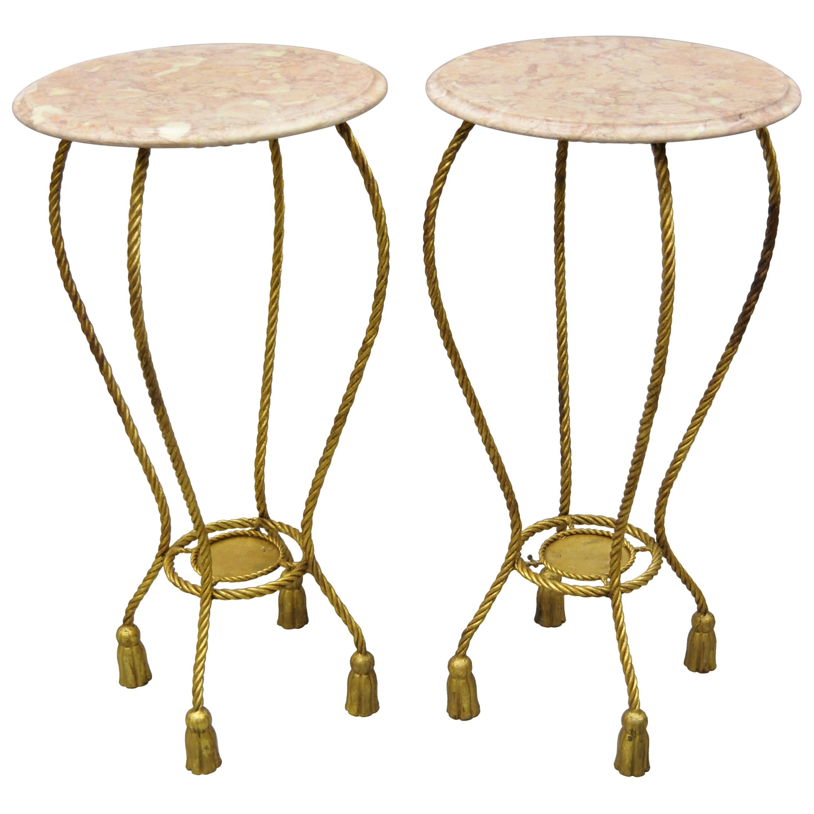 Italian Gold Gilt Iron Rope Tassel Marble Top Tall Pedestal Plant Stand, a Pair