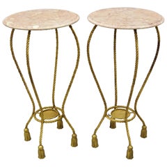 Italian Gold Gilt Iron Rope Tassel Marble Top Tall Pedestal Plant Stand, a Pair