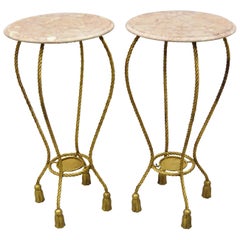 Vintage Italian Gold Gilt Iron Rope Tassel Marble Top Tall Pedestal Plant Stand, a Pair