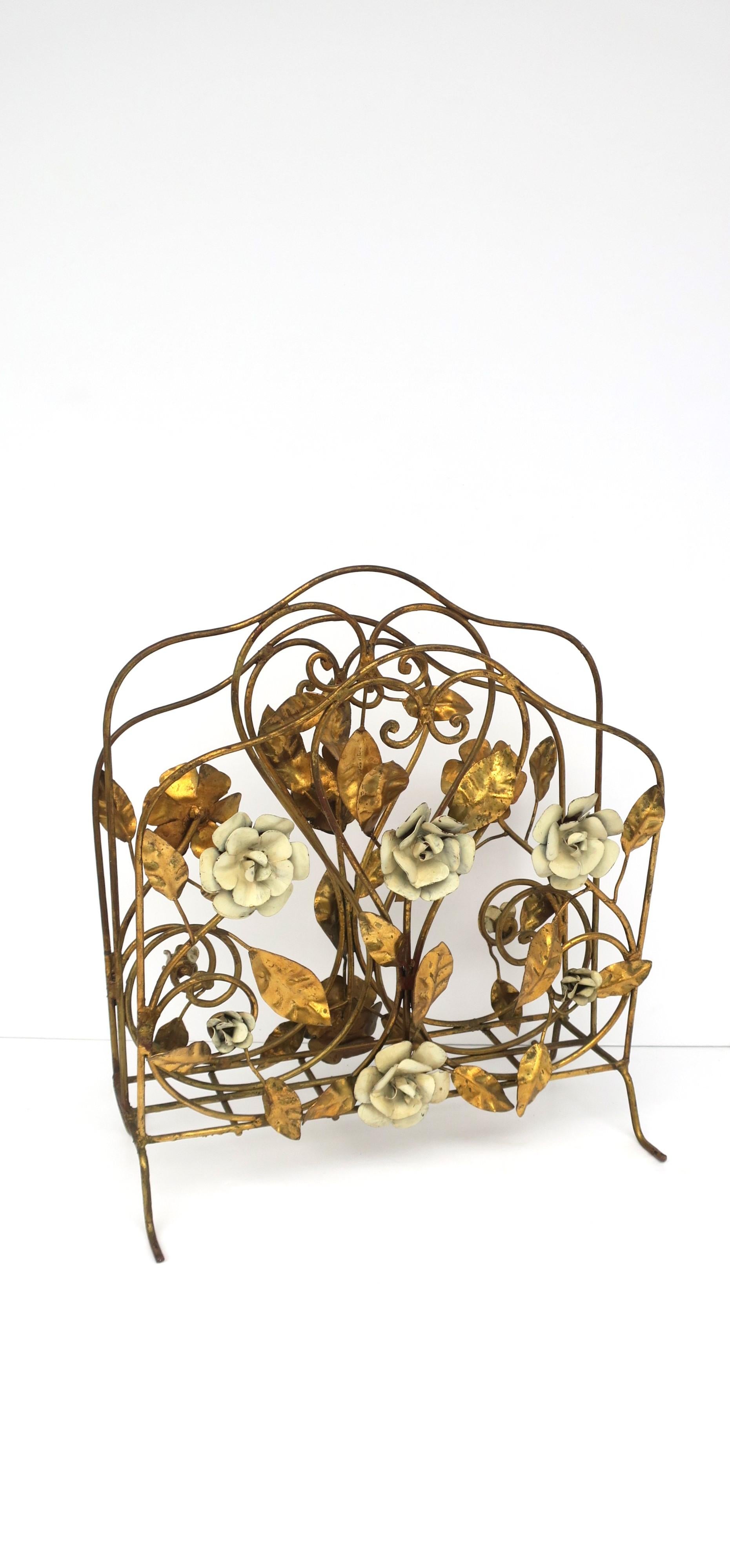 Italian Gold Gilt Magazine Holder Rack with Flowers and Leaves, 1950s For Sale 2