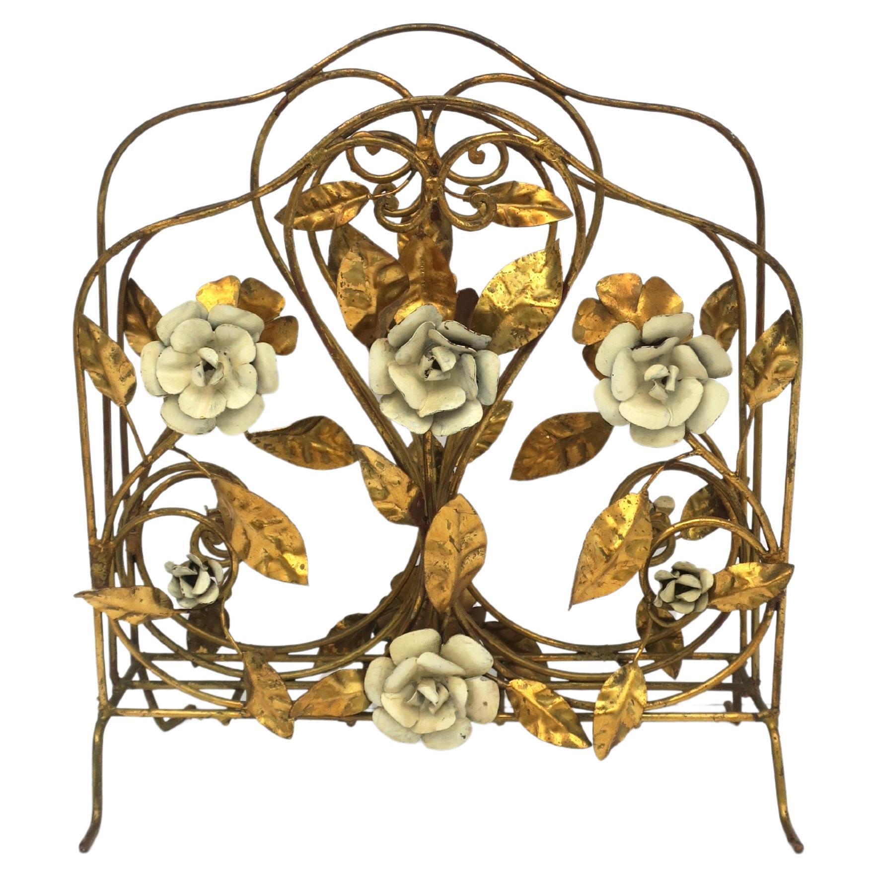 Italian Gold Gilt Magazine Holder Rack with Flowers and Leaves, 1950s For Sale