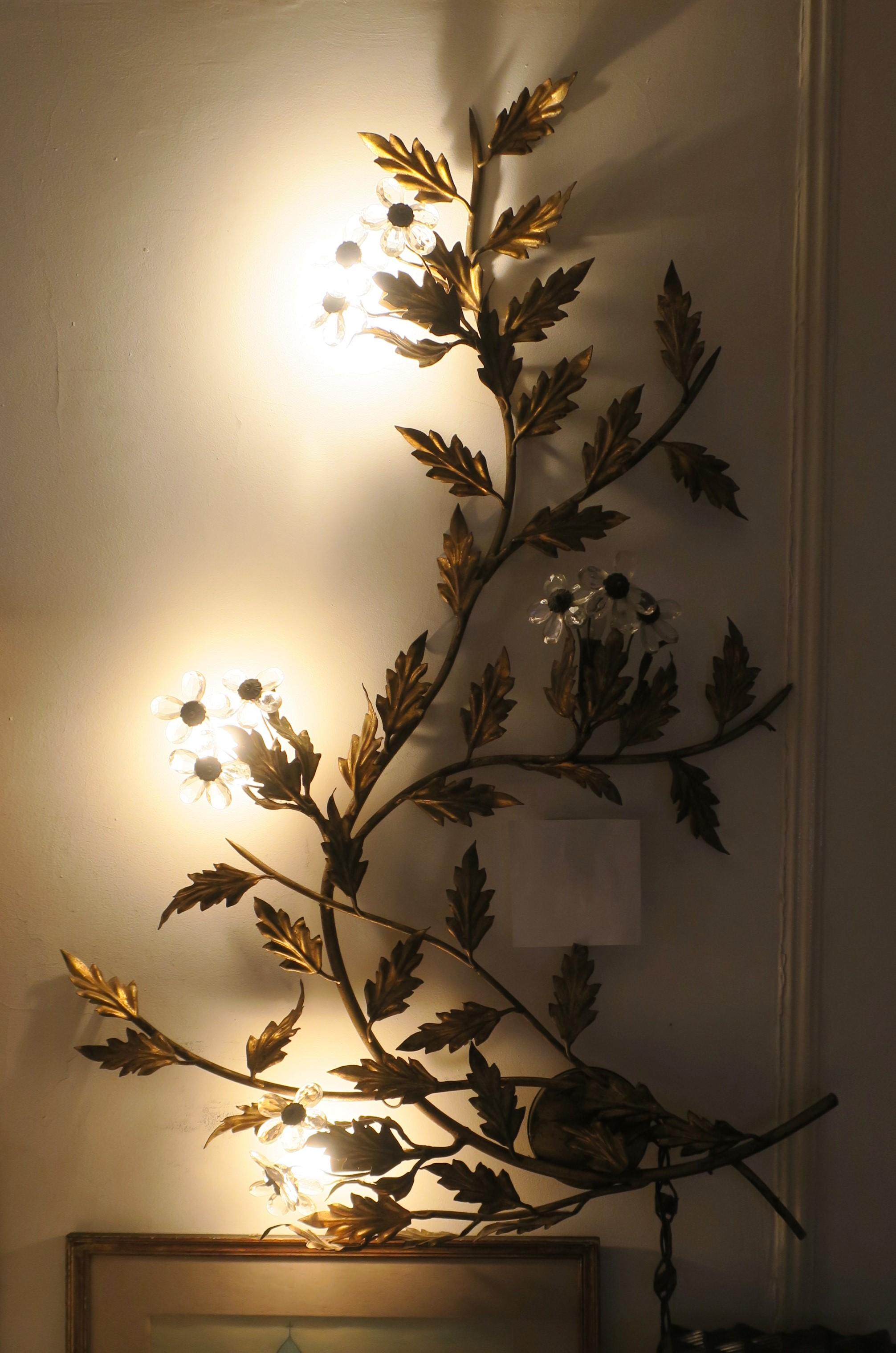 Crystal Italian Gold Gilt Tole Art Glass Wall Light, Wall Art, Flushmount Light Fixture
