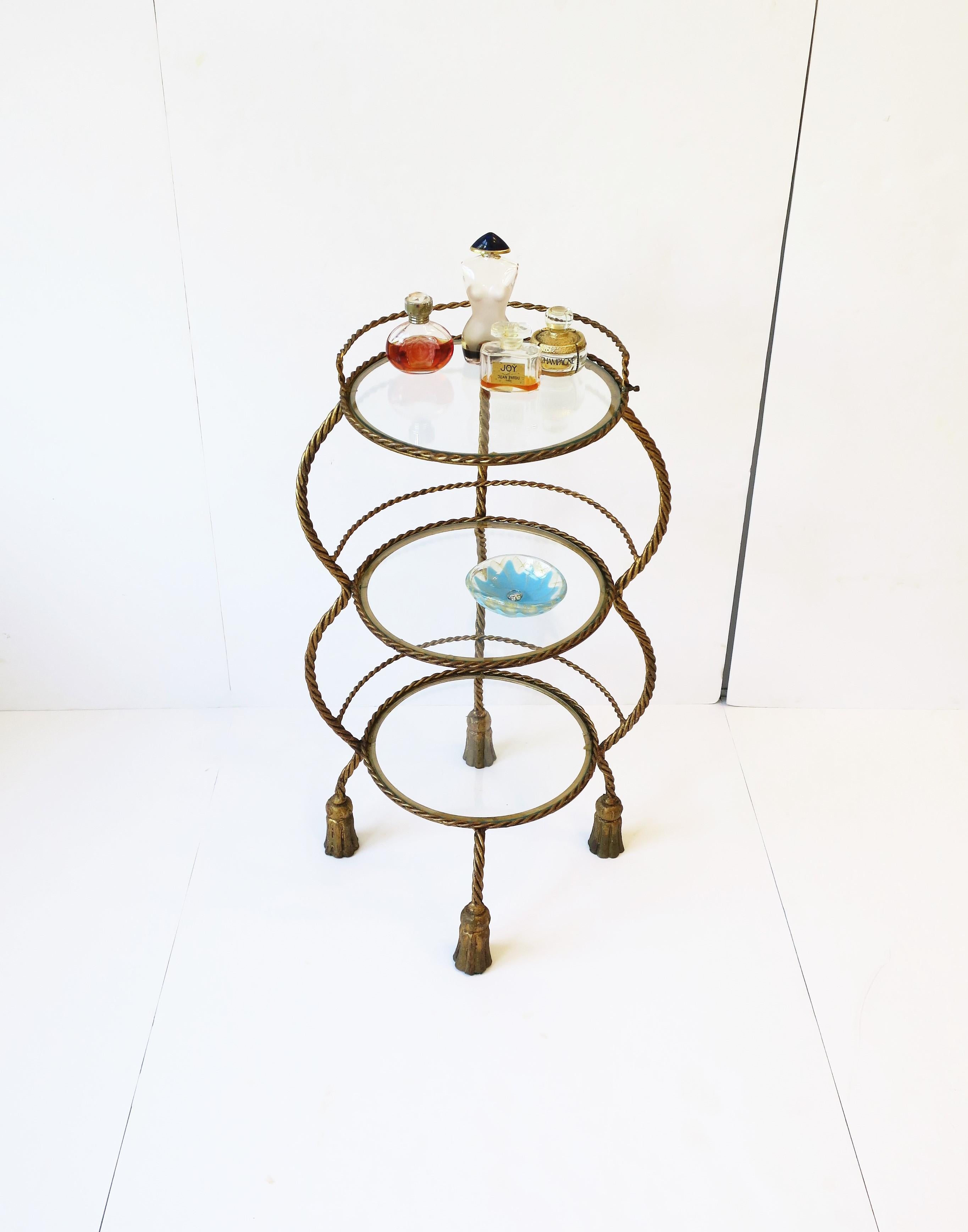 Glass Italian Gold Gilt Tole Étagère Shelves Storage or Display with Rope & Tassel