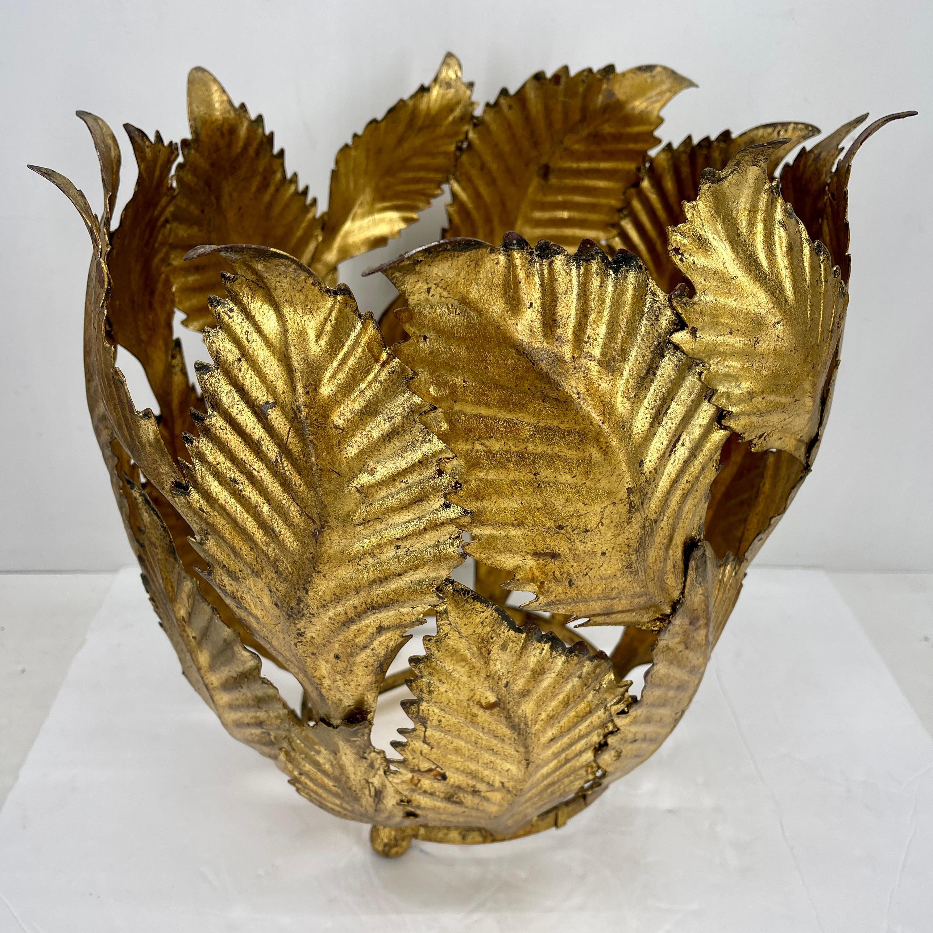 Italian Gold Gilt Tole Planter Cachepots with Leaves, Mid-Century Modern  For Sale 5