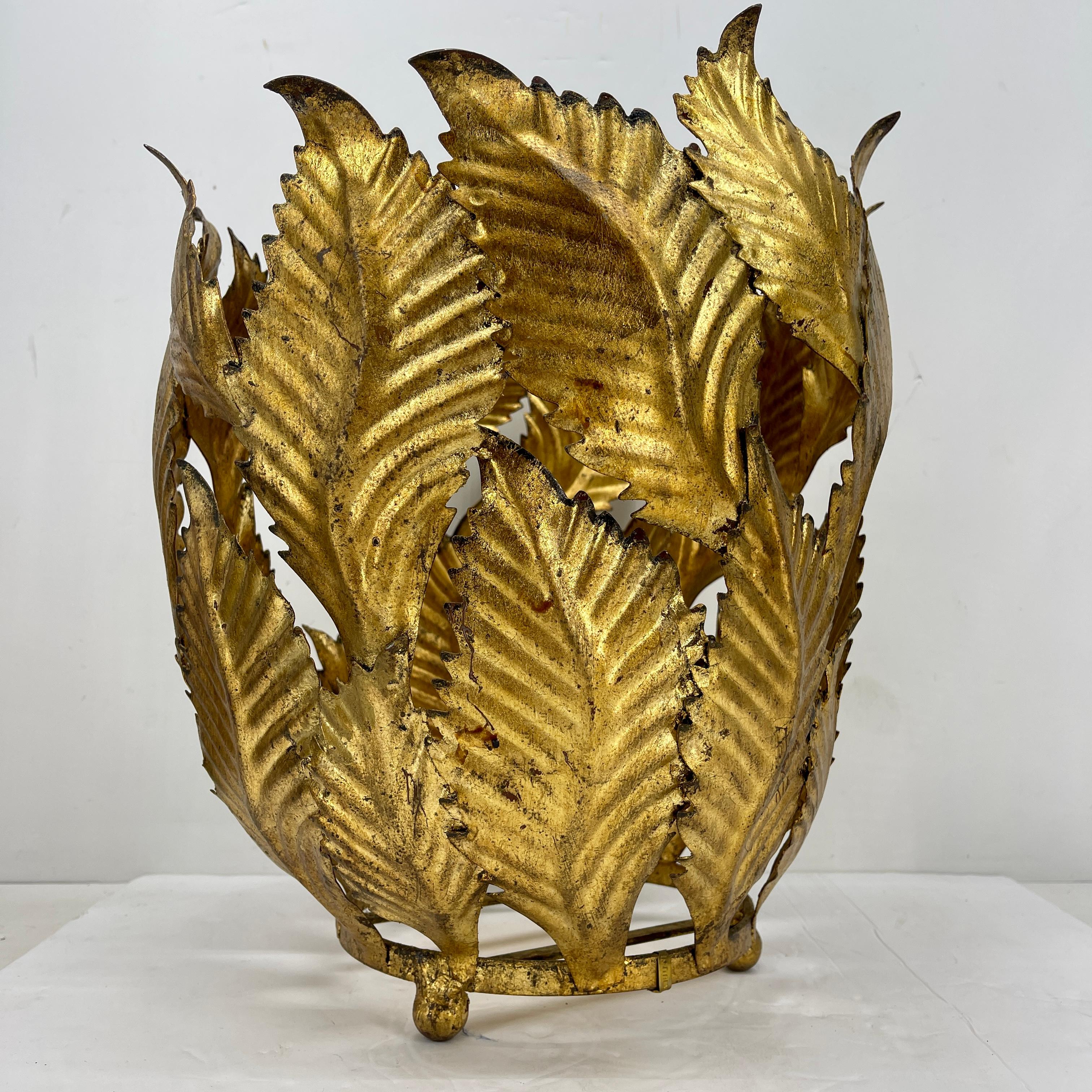 Italian Gold Gilt Tole Planter Cachepots with Leaves, Mid-Century Modern  For Sale 6