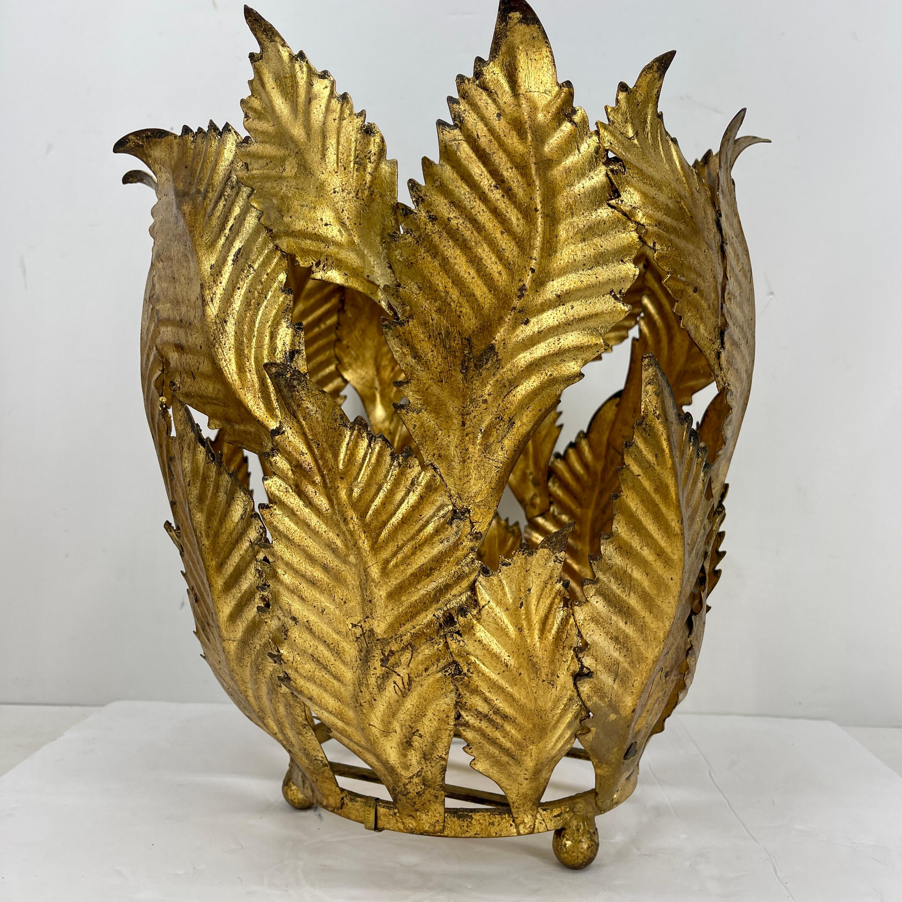 Italian Gold Gilt Tole Planter Cachepots with Leaves, Mid-Century Modern  For Sale 7