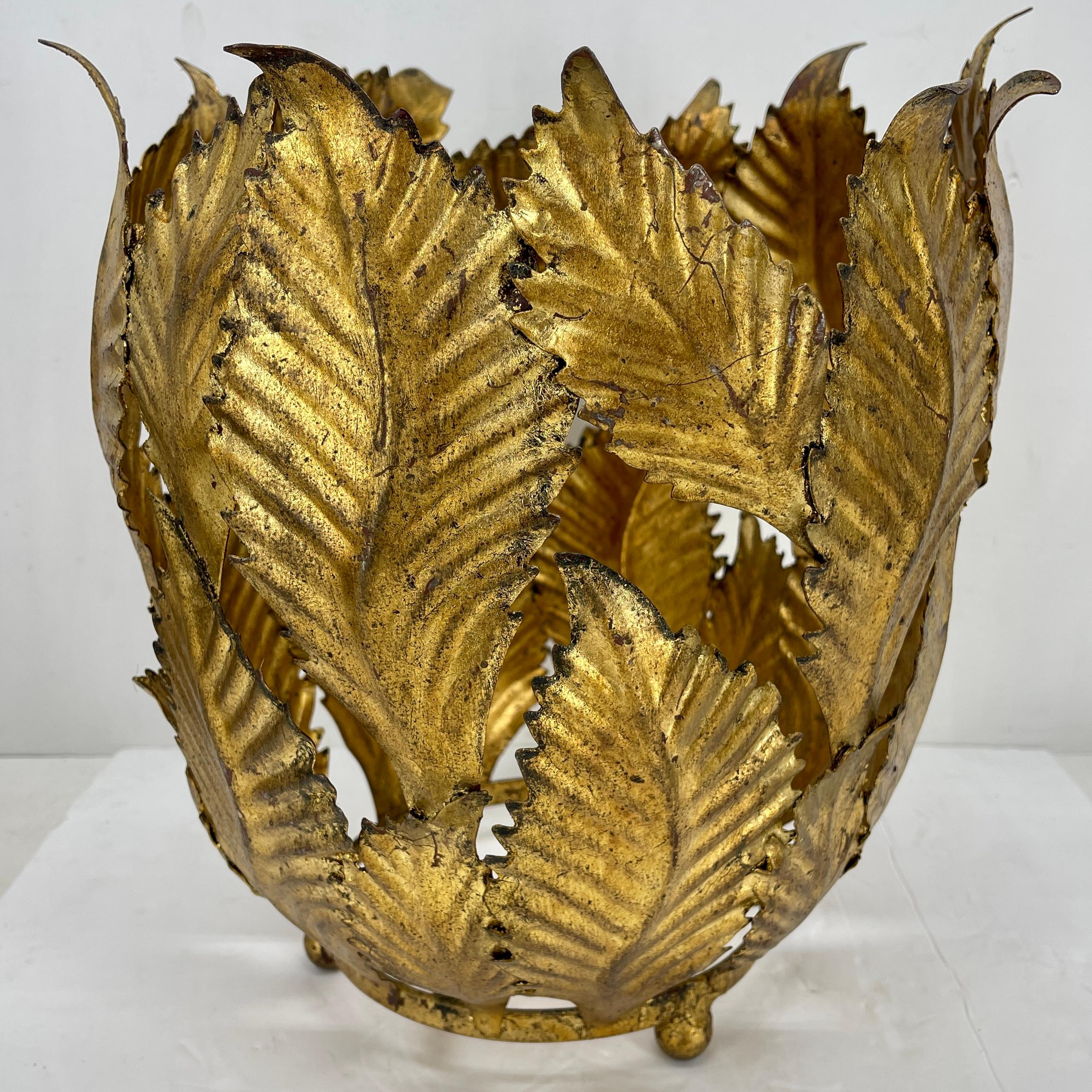 Italian Gold Gilt Tole Planter Cachepots with Leaves, Mid-Century Modern  For Sale 3