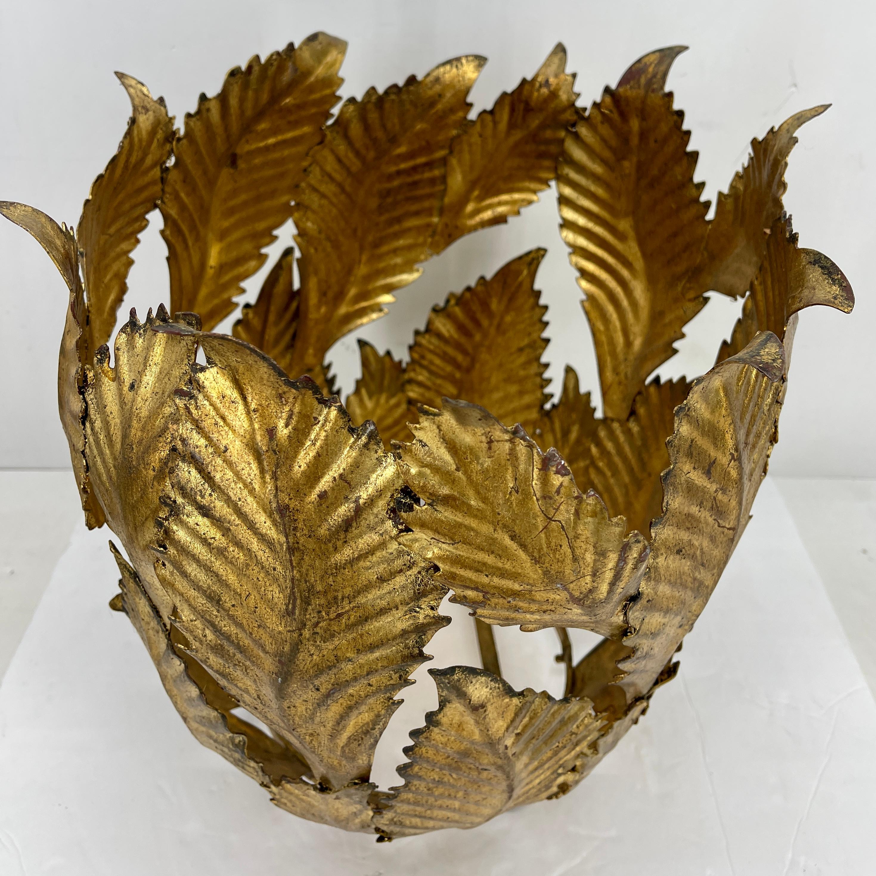 Italian Gold Gilt Tole Planter Cachepots with Leaves, Mid-Century Modern  For Sale 4