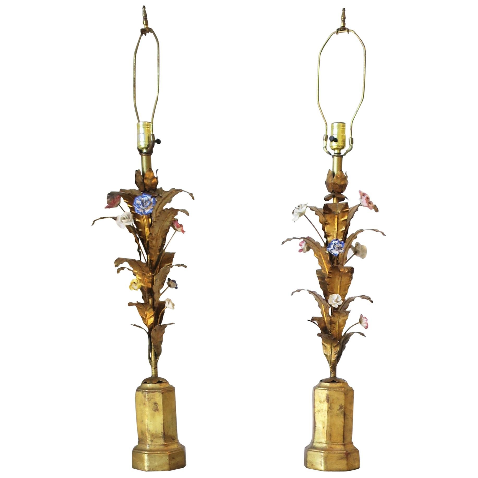 Italian Gold Gilt Tole Table Lamps, Pair For Sale