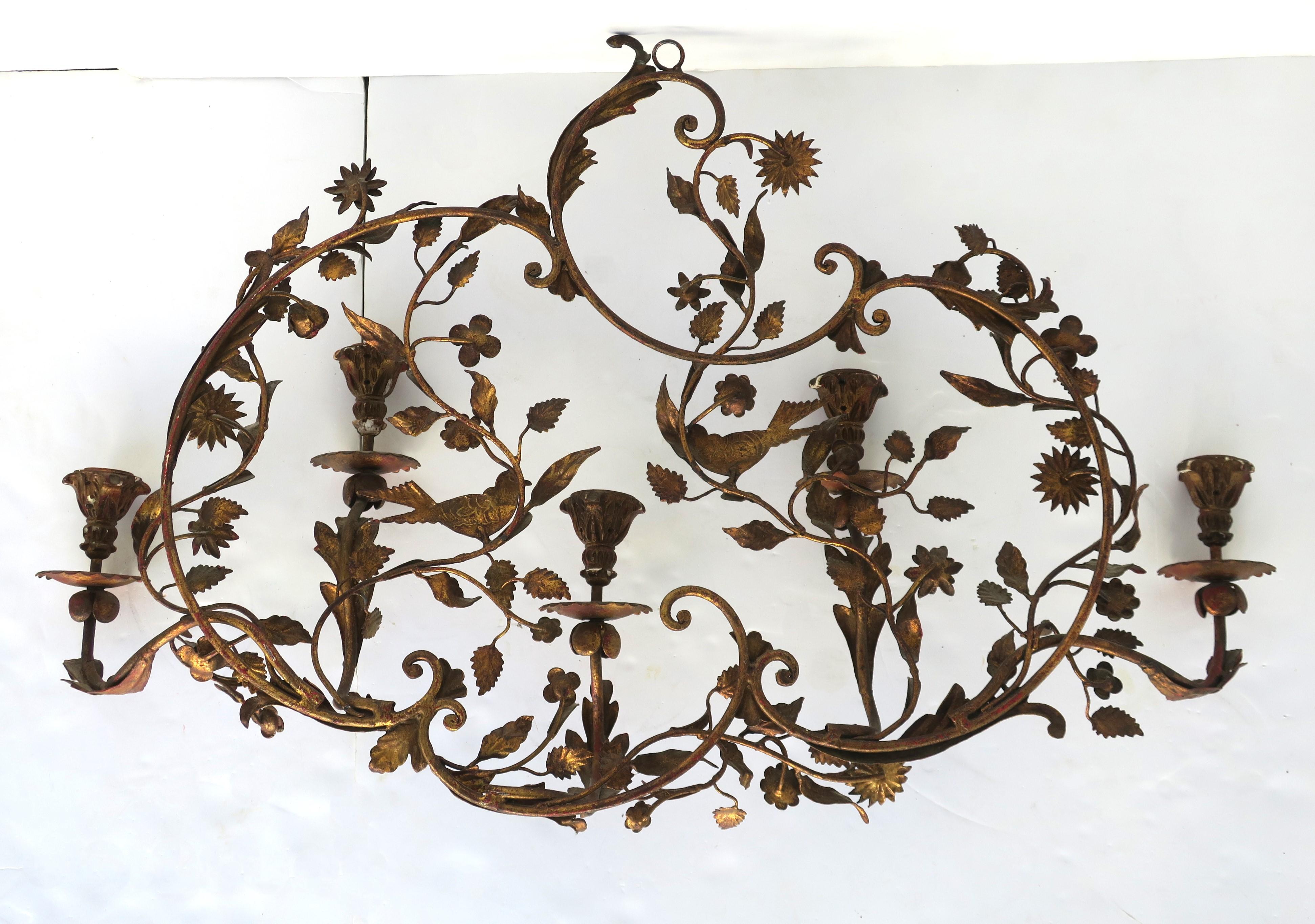 Italian Gold Gilt Tole Wall Sconce Candelabra with Birds and Leaves Rococo Style For Sale 5