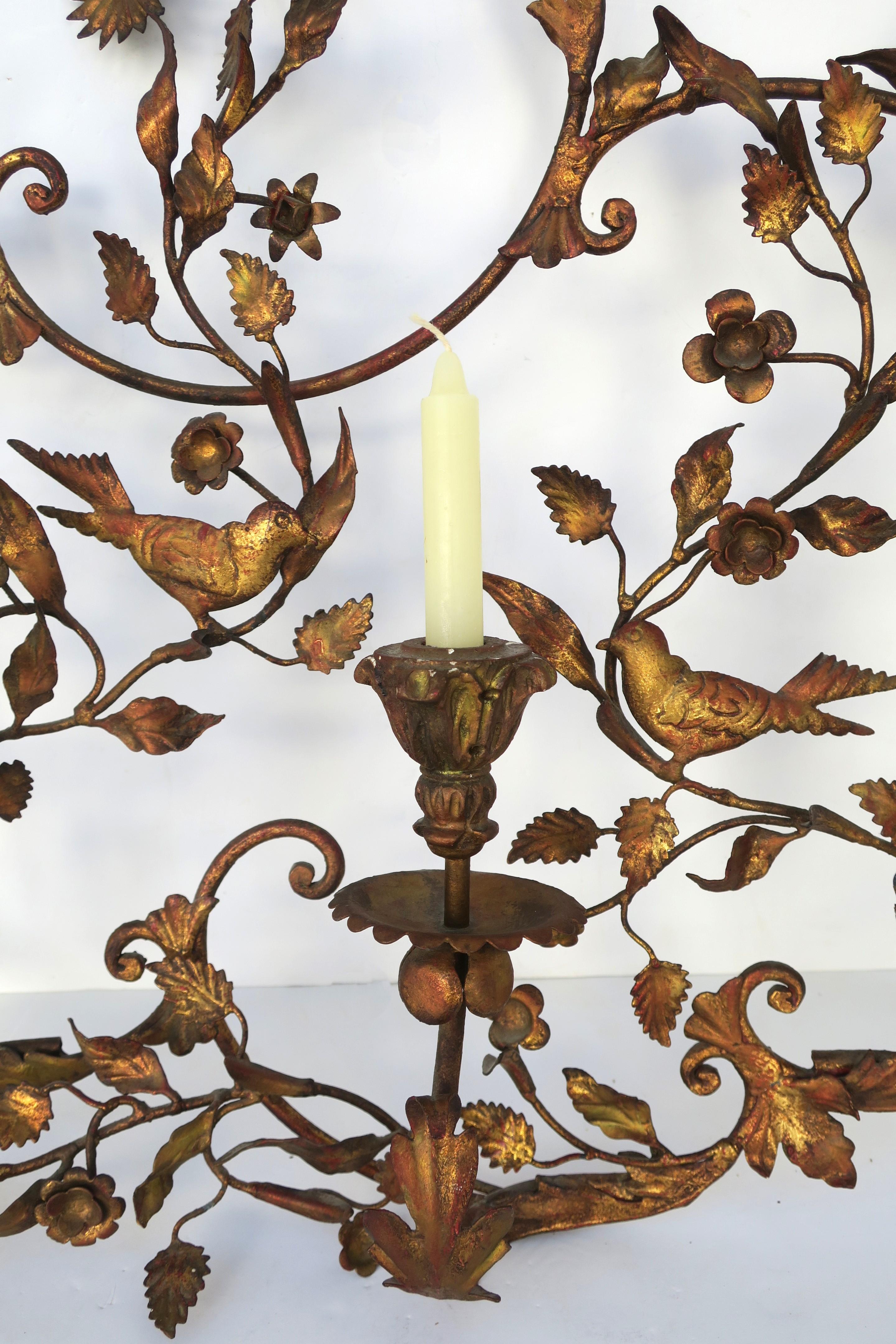 Italian Gold Gilt Tole Wall Sconce Candelabra with Birds and Leaves Rococo Style For Sale 1