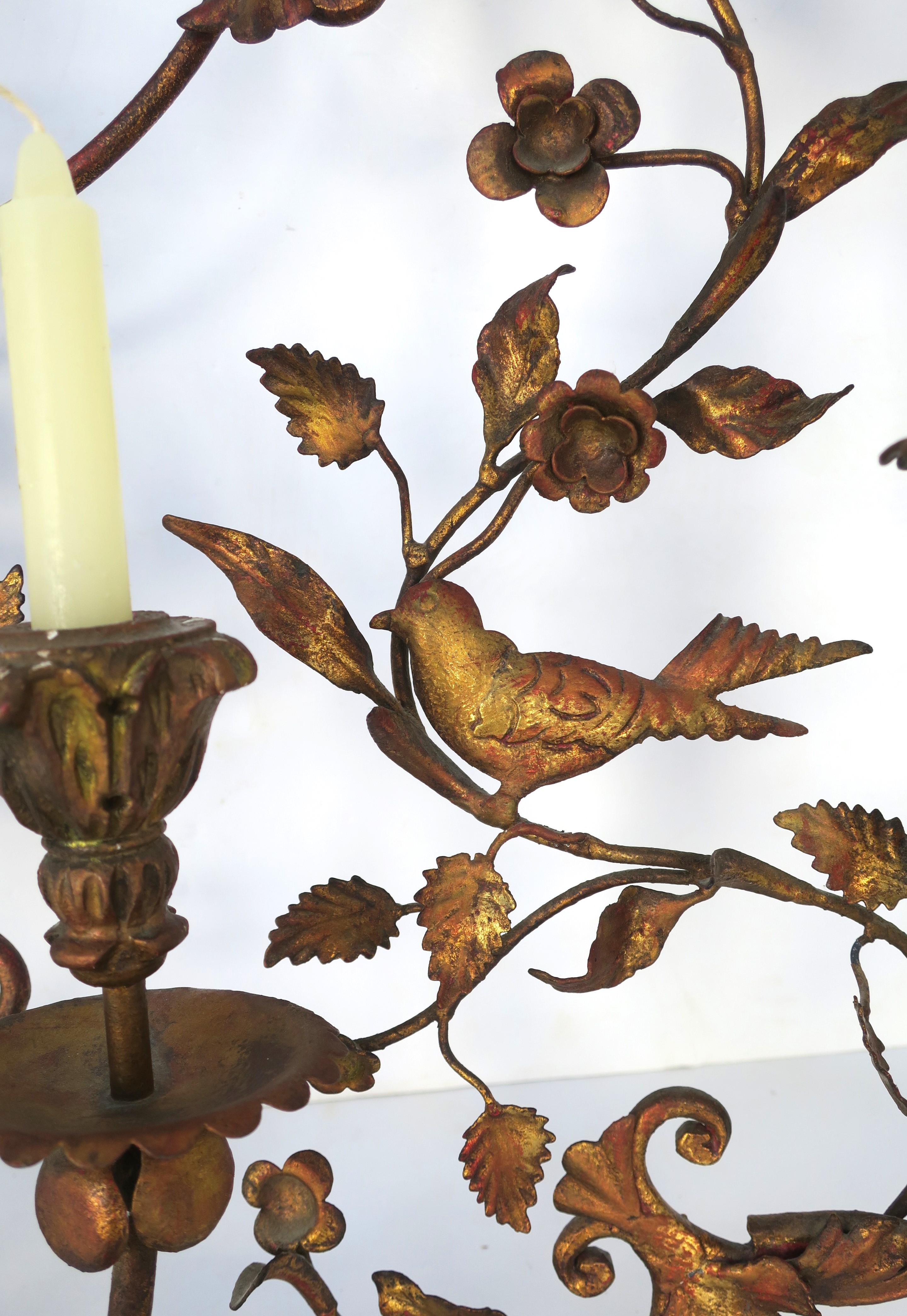 Italian Gold Gilt Tole Wall Sconce Candelabra with Birds and Leaves Rococo Style For Sale 2