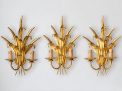 Italian Gold Gilt Wheat Sheaf Wall Sconces, Hollywood Regency Style, Set of 3