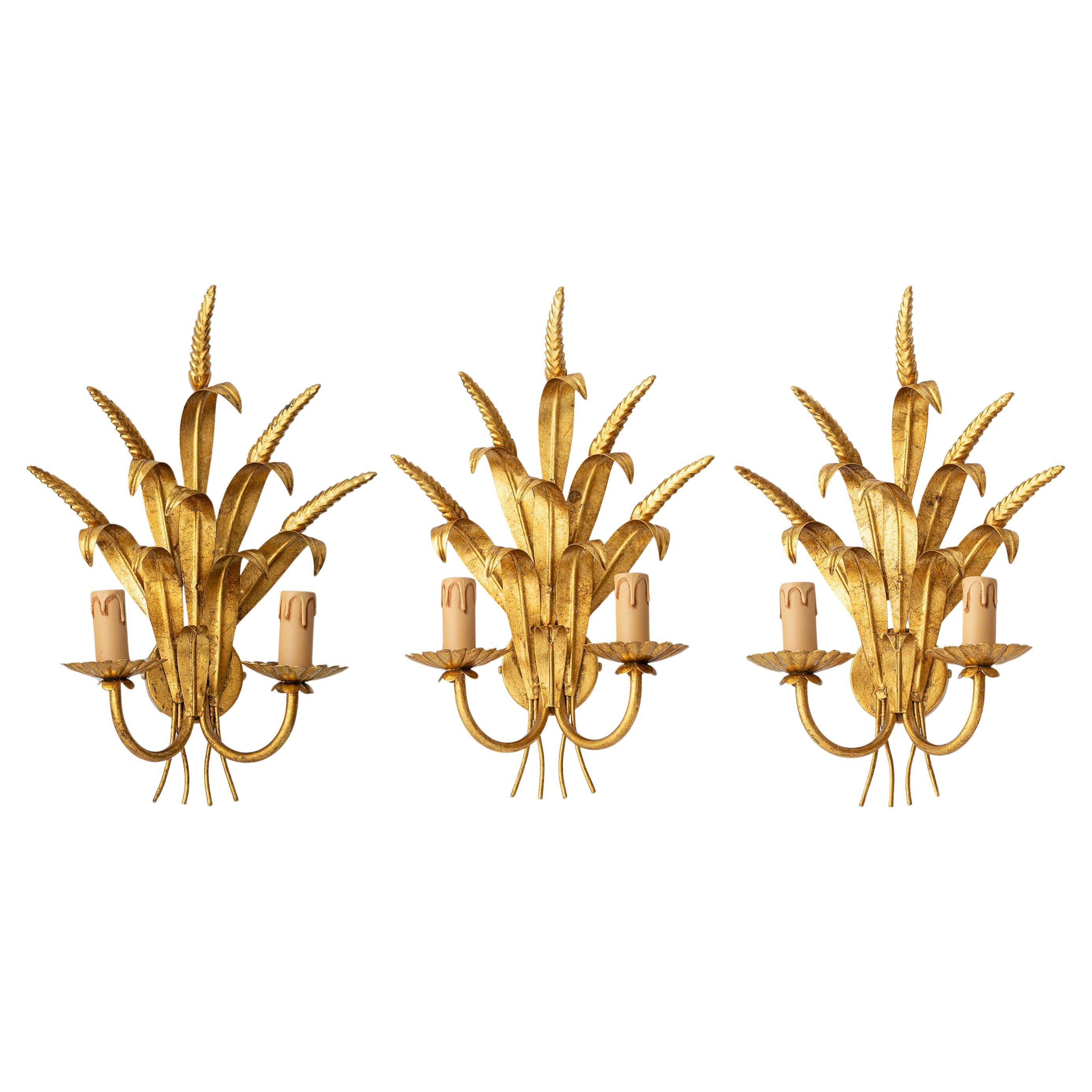 Hollywood Regency Italian Gilt Brass Wheat Sheaf Wall Sconces, Set of 3