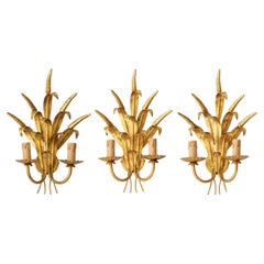 Italian Gold Gilt Wheat Sheaf Wall Sconces, Hollywood Regency Style, Set of 3
