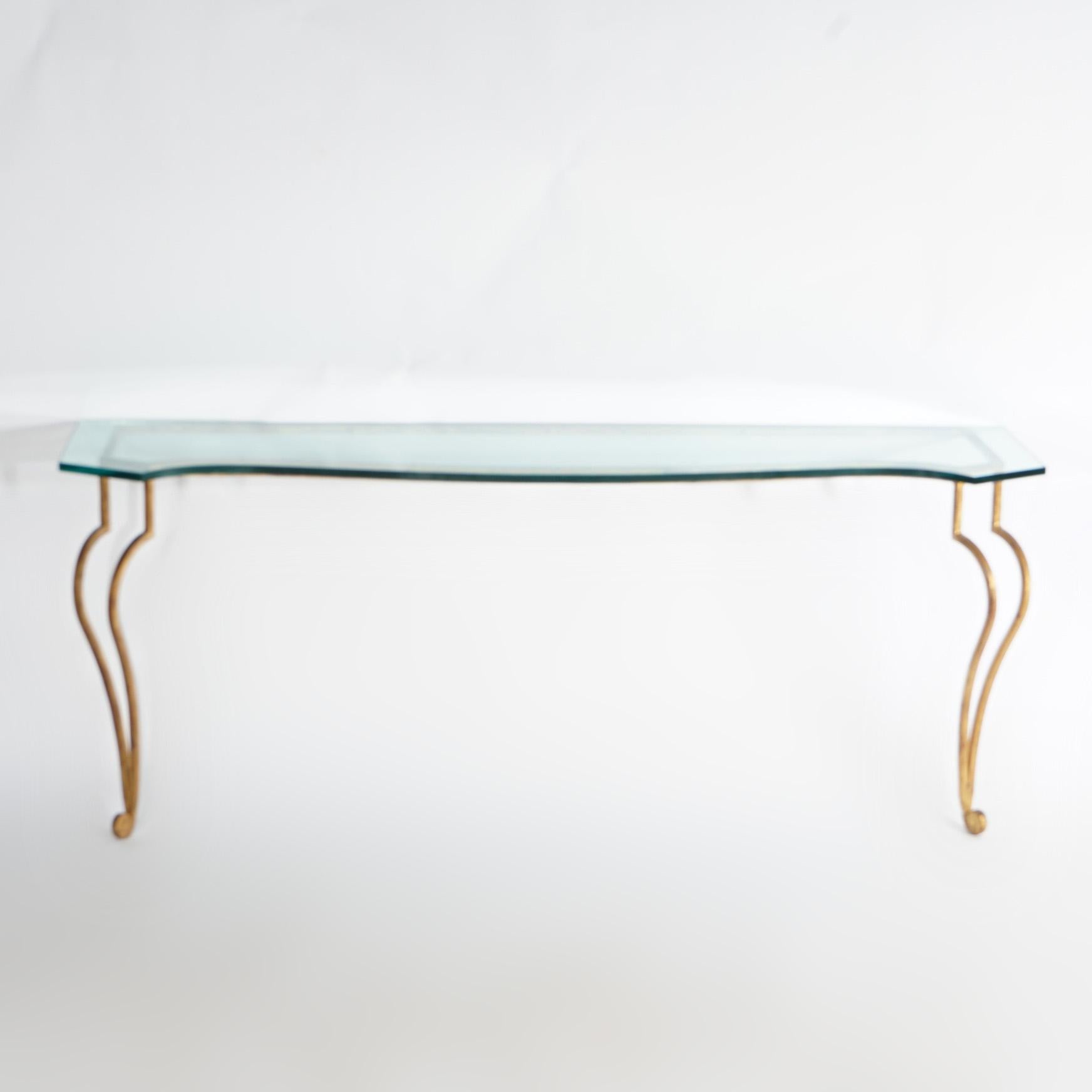 Italian Gold Gilt Wrought Iron Console Table with Glass Top 20th C In Good Condition For Sale In Big Flats, NY