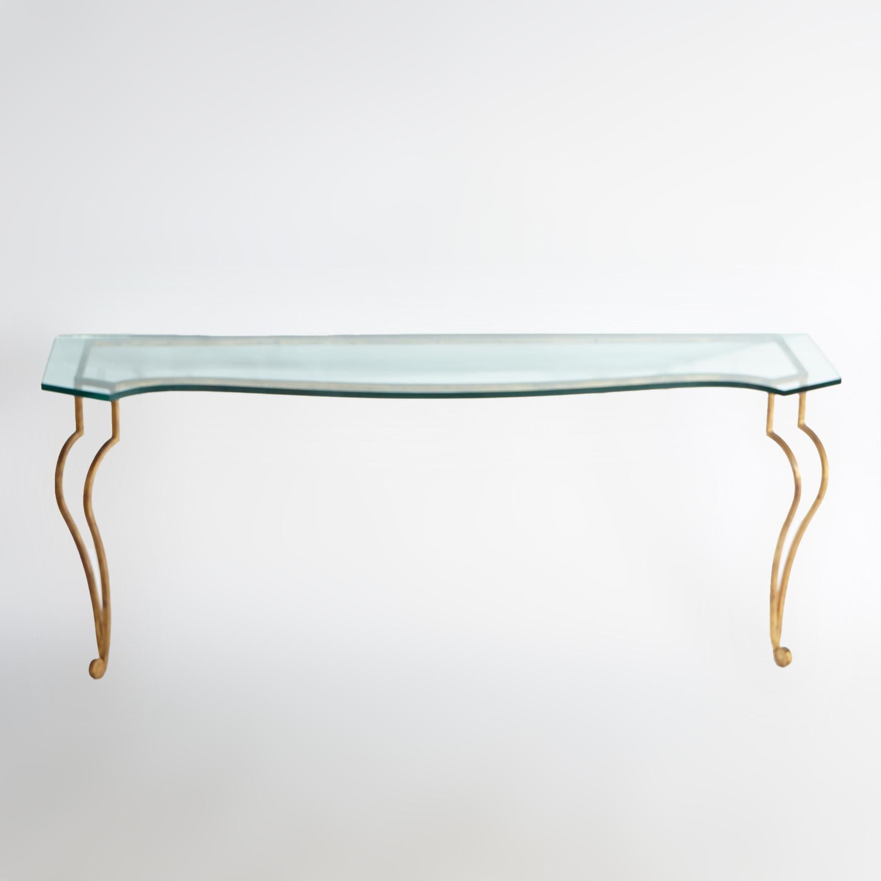 20th Century Italian Gold Gilt Wrought Iron Console Table with Glass Top 20th C For Sale