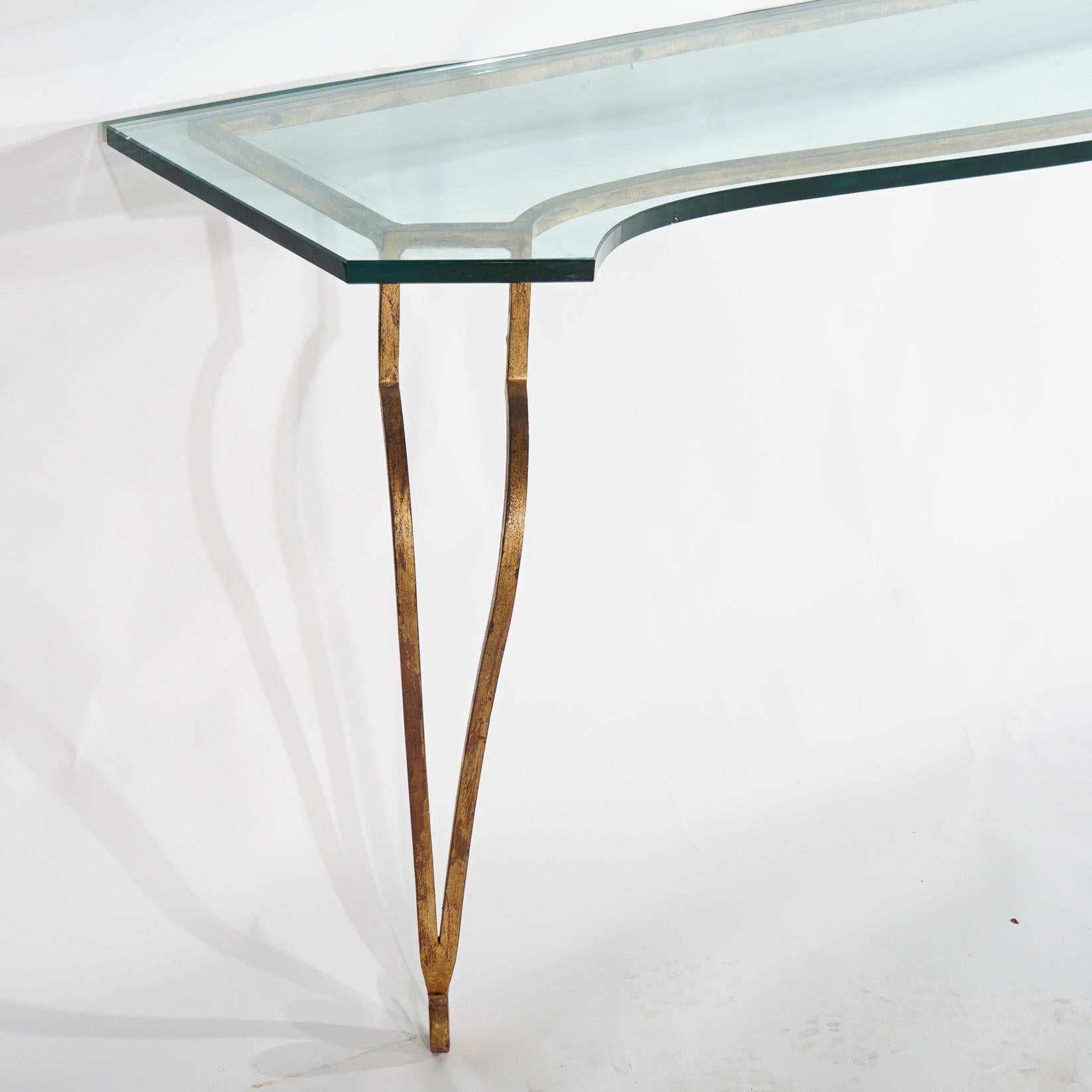 Italian Gold Gilt Wrought Iron Console Table with Glass Top 20th C For Sale 1