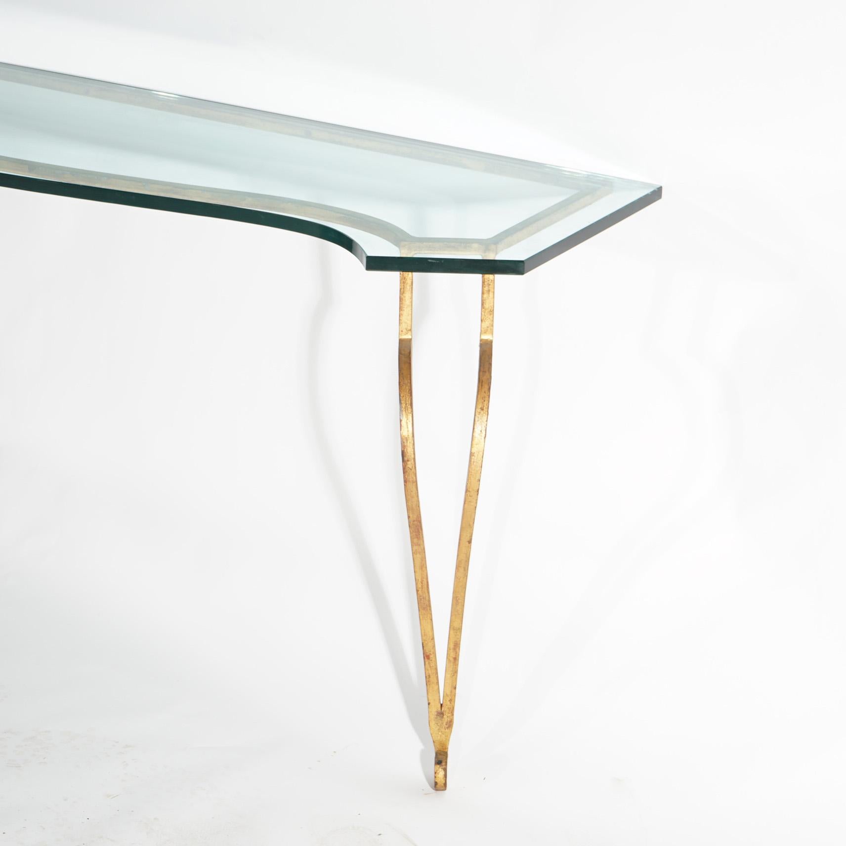 Italian Gold Gilt Wrought Iron Console Table with Glass Top 20th C For Sale 2