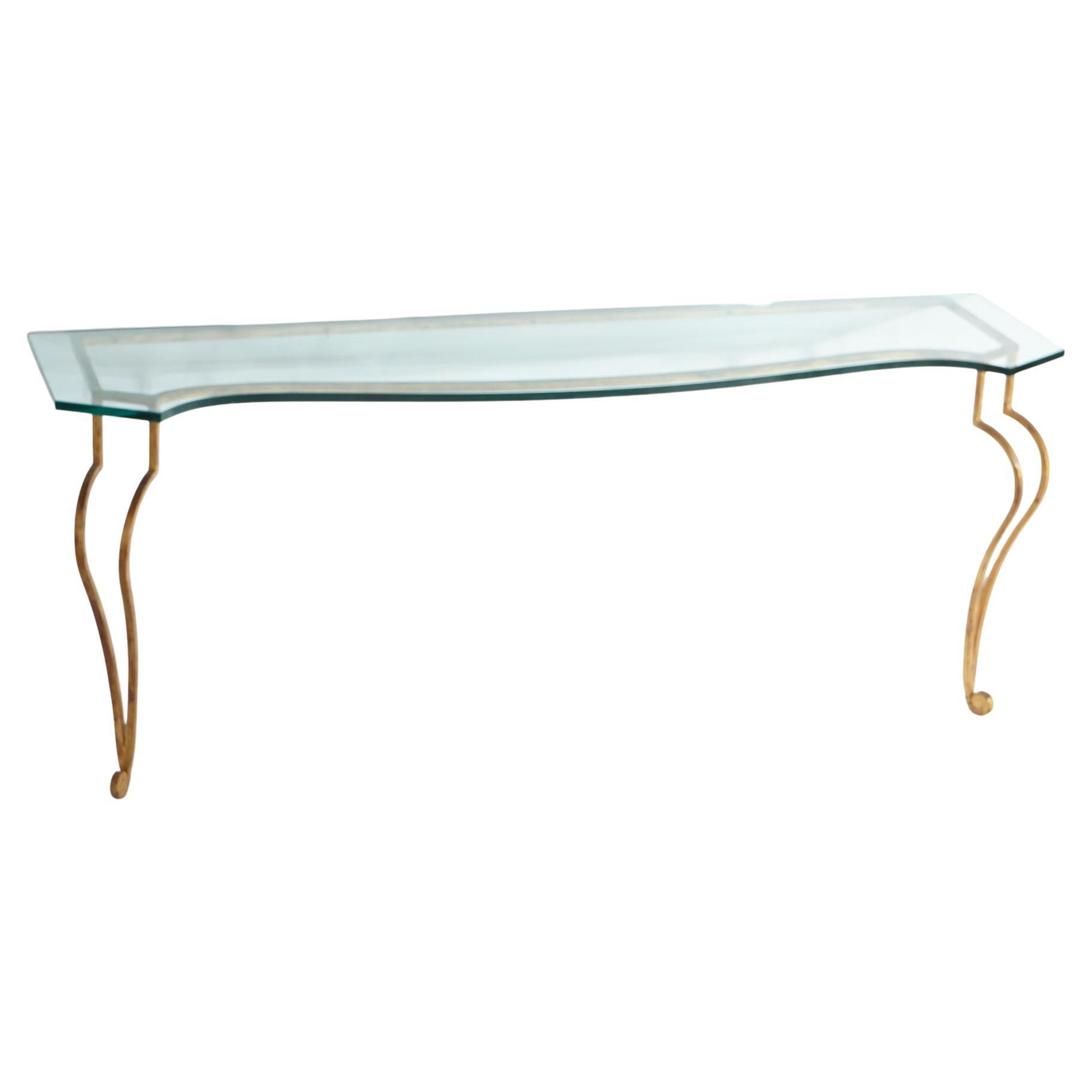 Italian Gold Gilt Wrought Iron Console Table with Glass Top 20th C For Sale