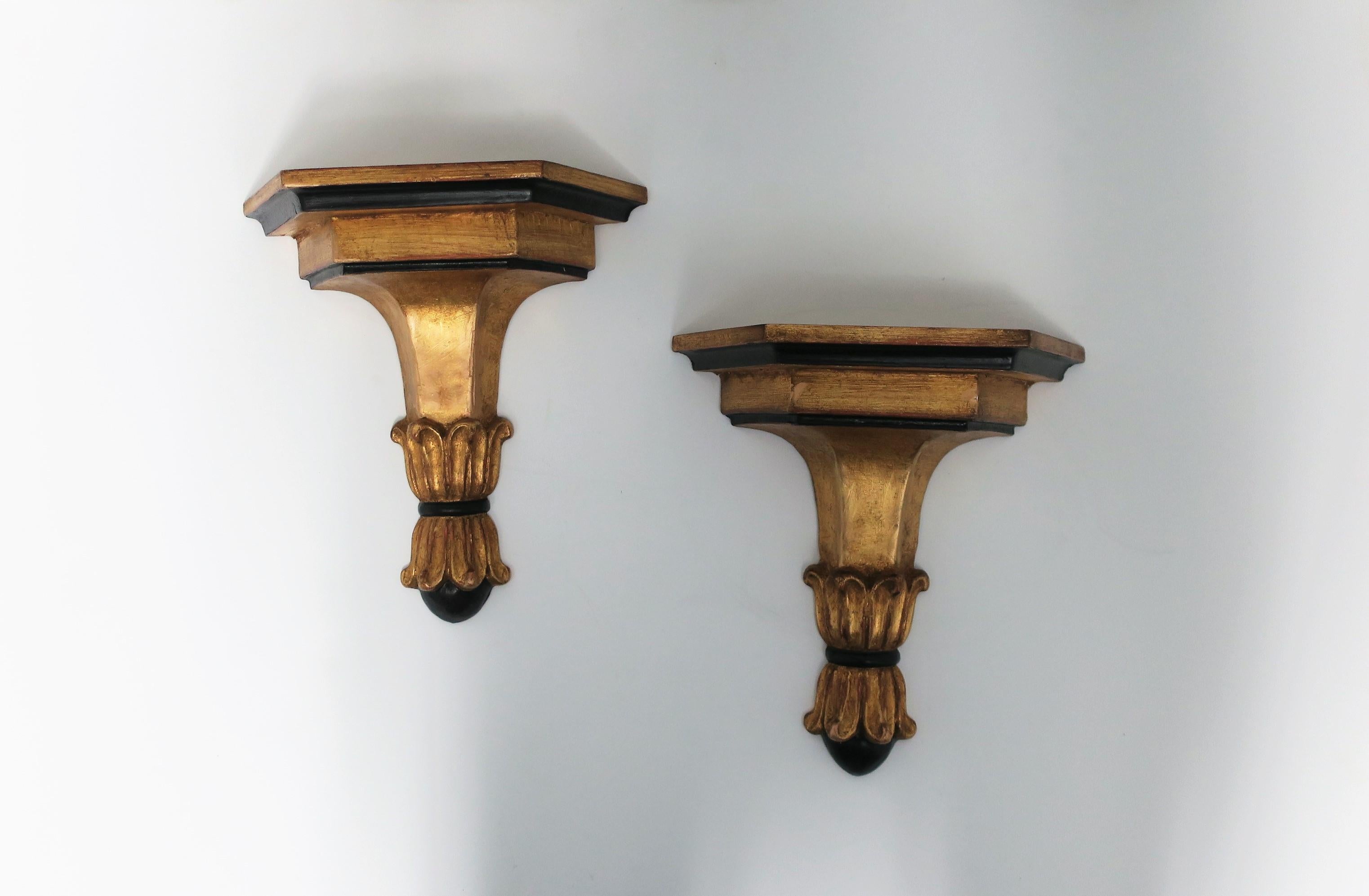 Neoclassical Revival Italian Gold Giltwood and Black Wall Shelves Brackets, Pair