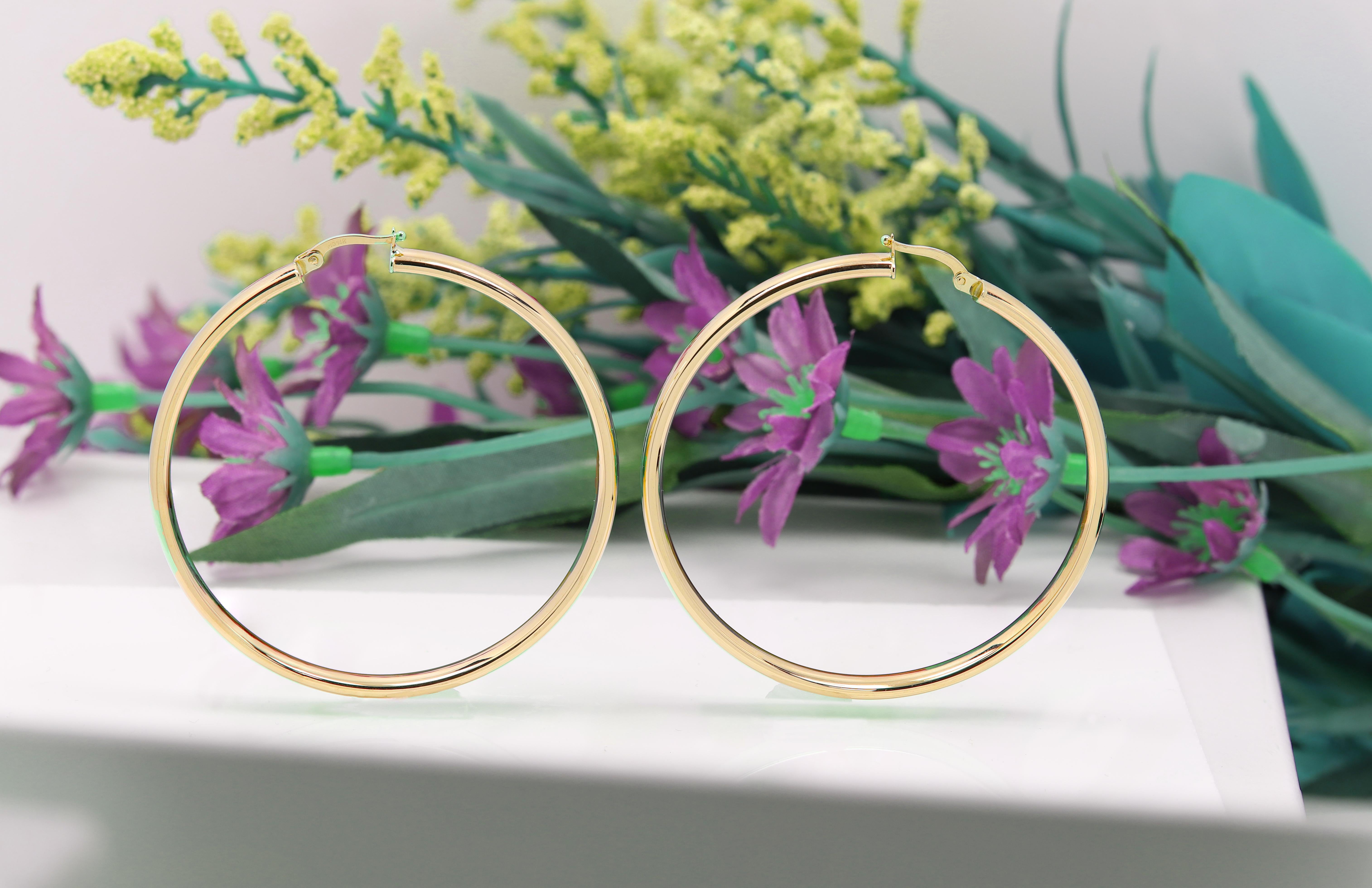 Italian Gold Hoops real 14k Gold Hoop Earrings 2.2 inch Large and Light Weight 3