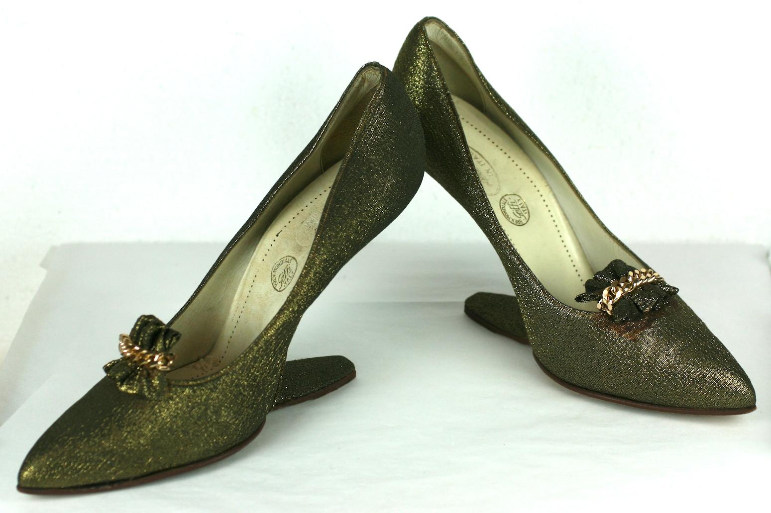 Amazing Italian Gold Lame Suspended Pumps by Griffi Italy, hand crafted Florentine in italy, Gold lame on leather with pleated bow.
Sole 2.75 wide, length inside approx 9