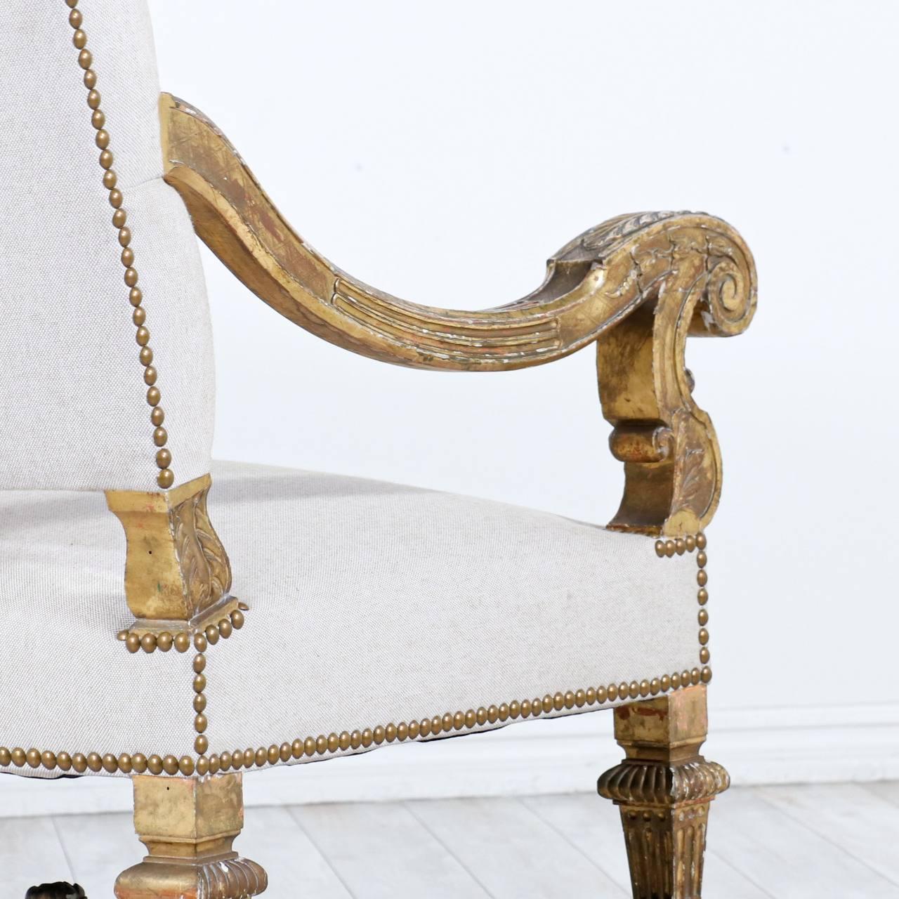 Fabric Italian Gold-Leaf Carved Giltwood & Linen Sofa For Sale