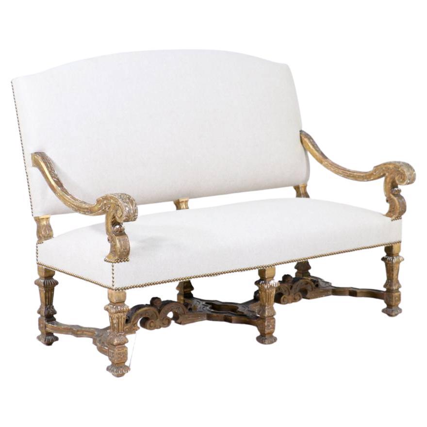 Italian Gold-Leaf Carved Giltwood & Linen Sofa For Sale