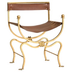 Italian Gold-Leaf + Leather Accent Chair, 1960s - 2 Available