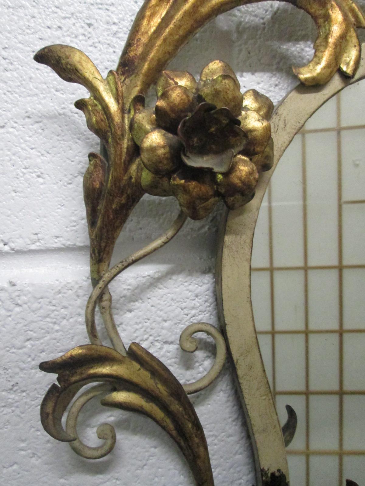 Metal Italian Gold Leaf Mirror with Floral Motif For Sale