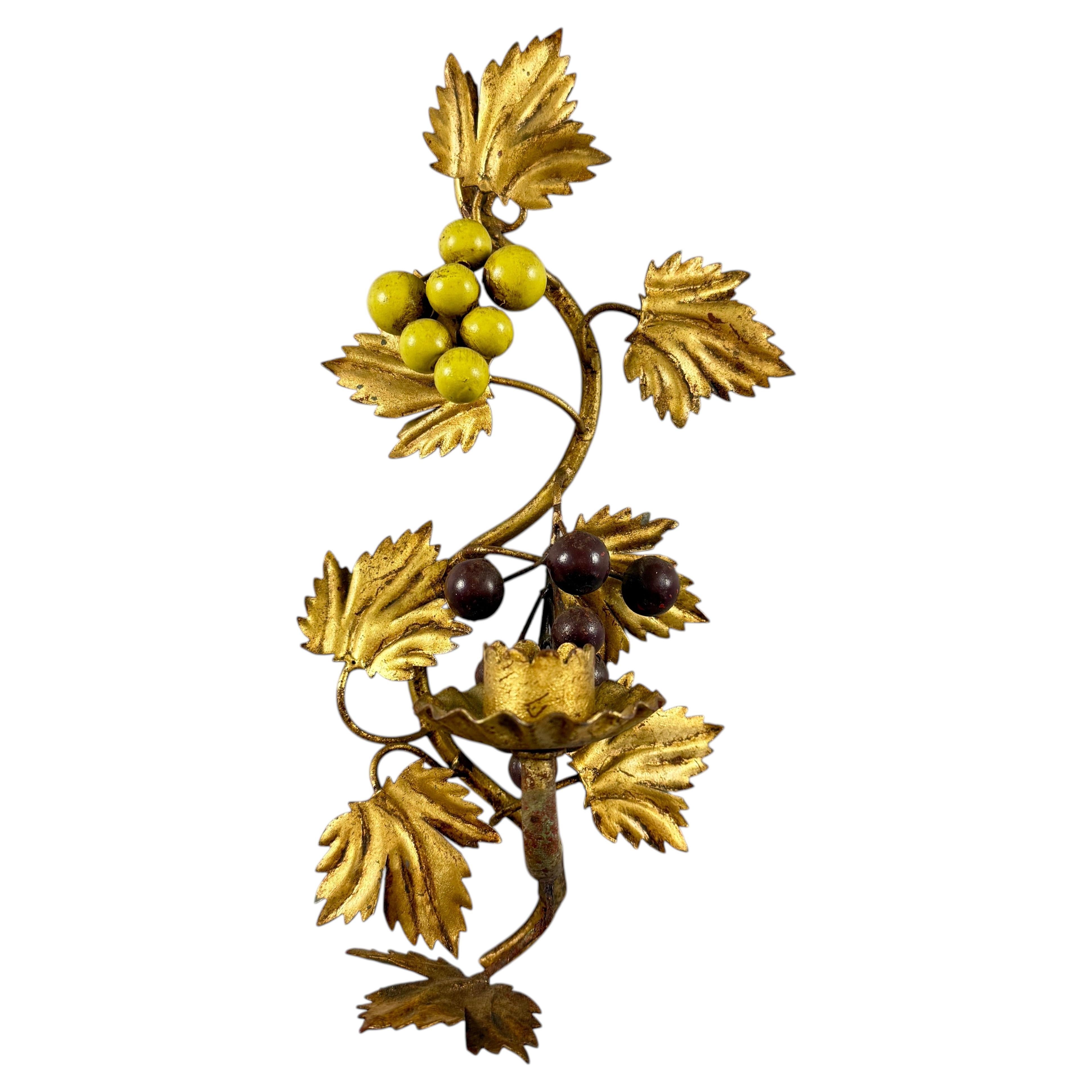Italian Gold Leaf Tole Peinte Grape Vine Candle Sconce For Sale