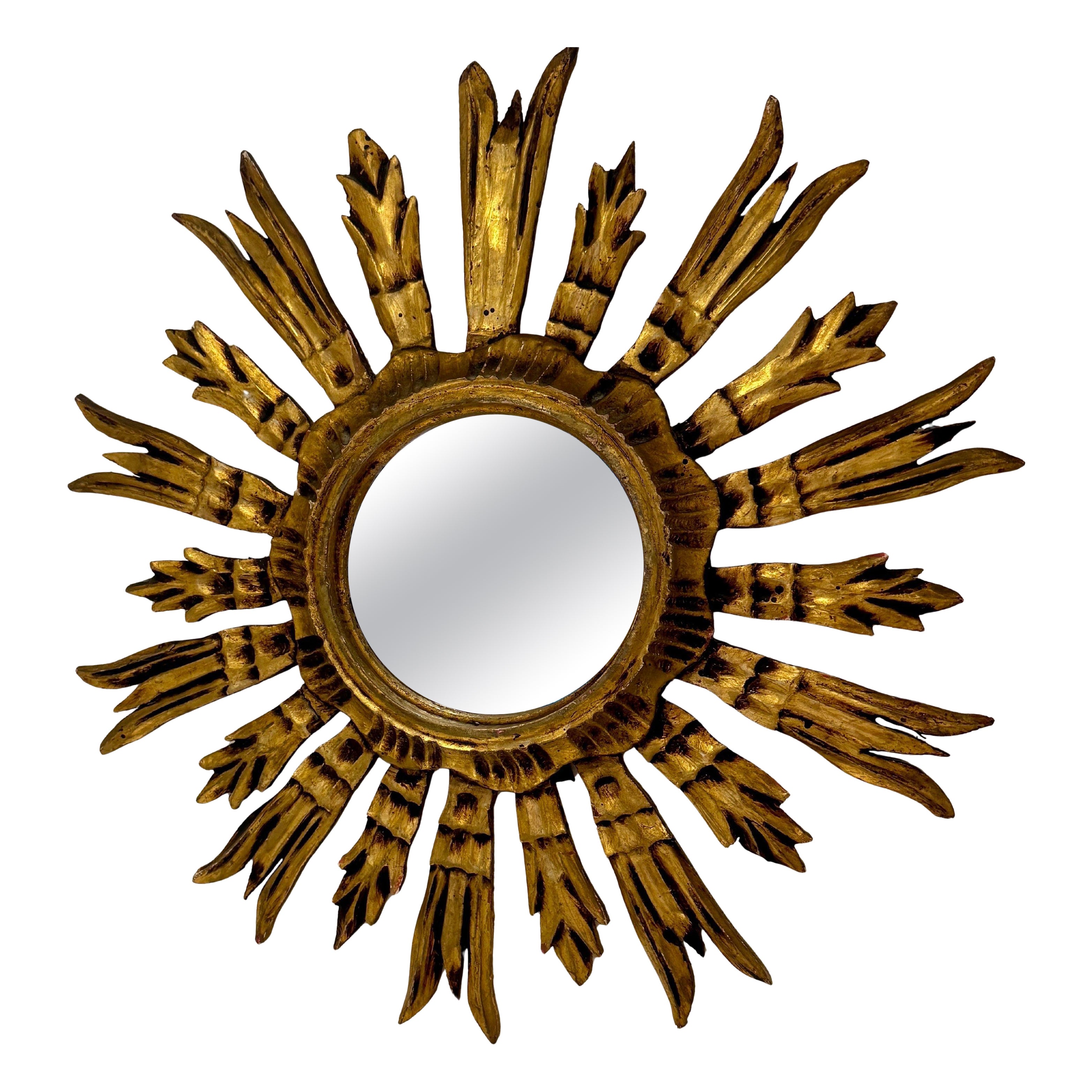 Italian Gold-Leaf Wood Starburst Sunburst Wall Mirror, Mid-Century Modern