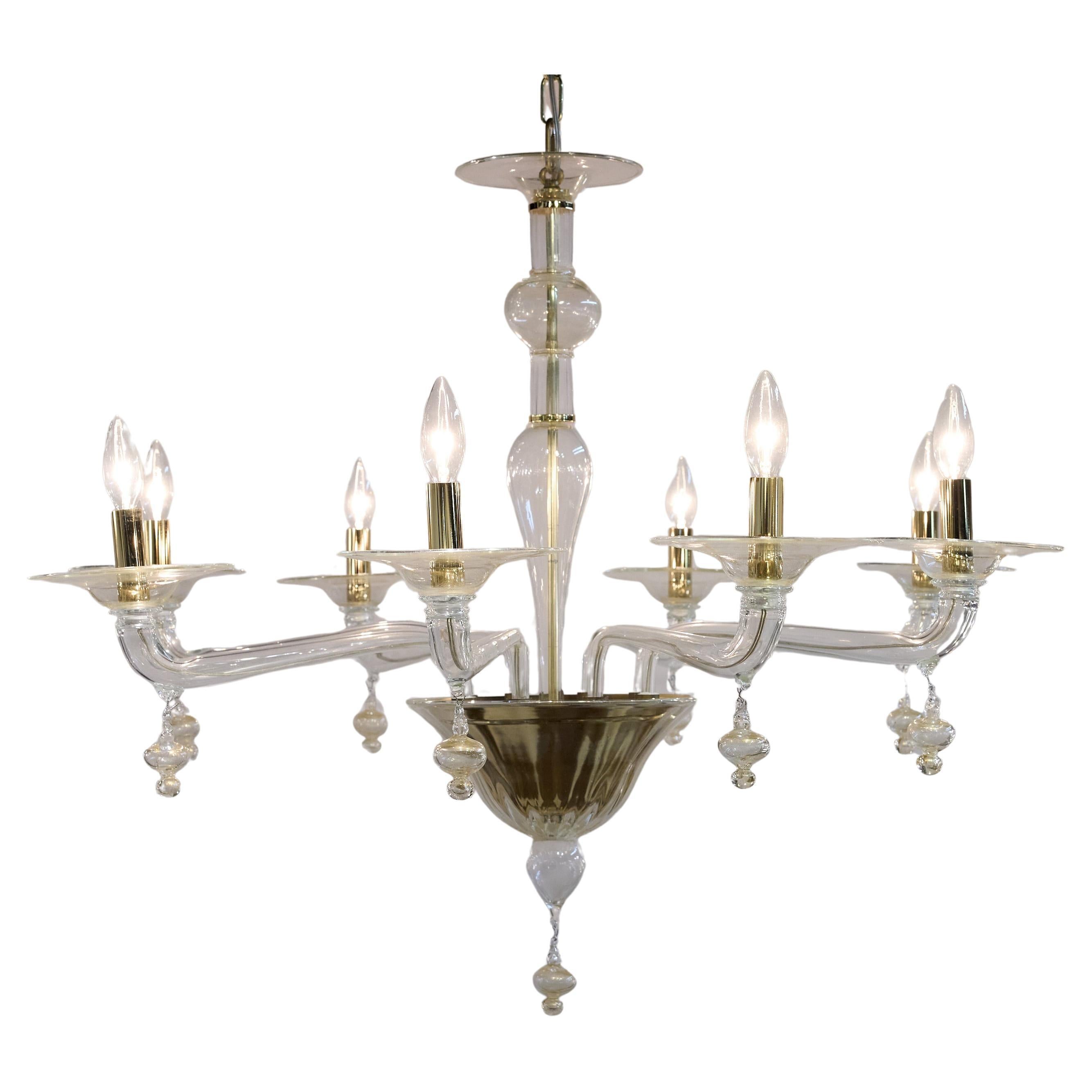 Italian Gold Murano Glass 8 Arm Chandelier  For Sale