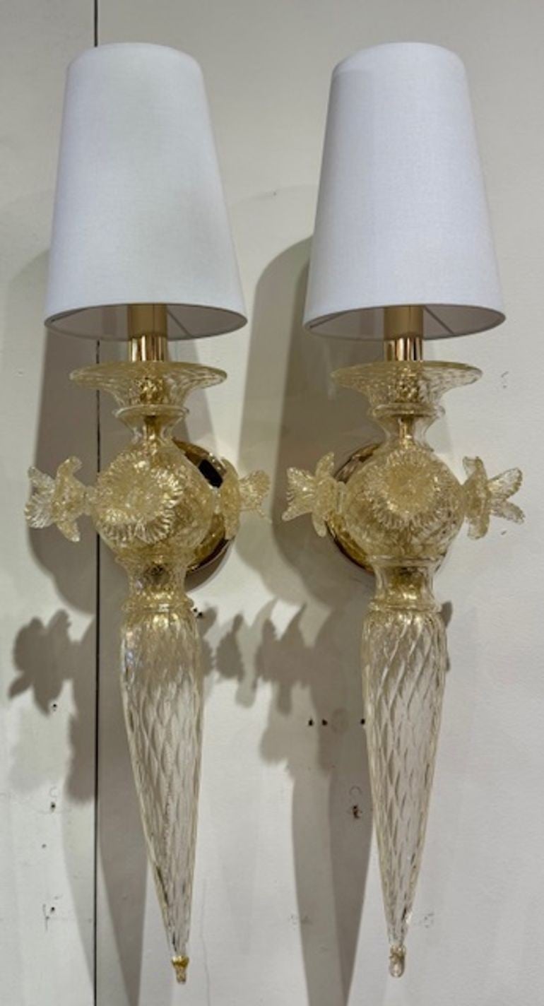 Appliques à fleurs italiennes en verre de Murano doré en vente