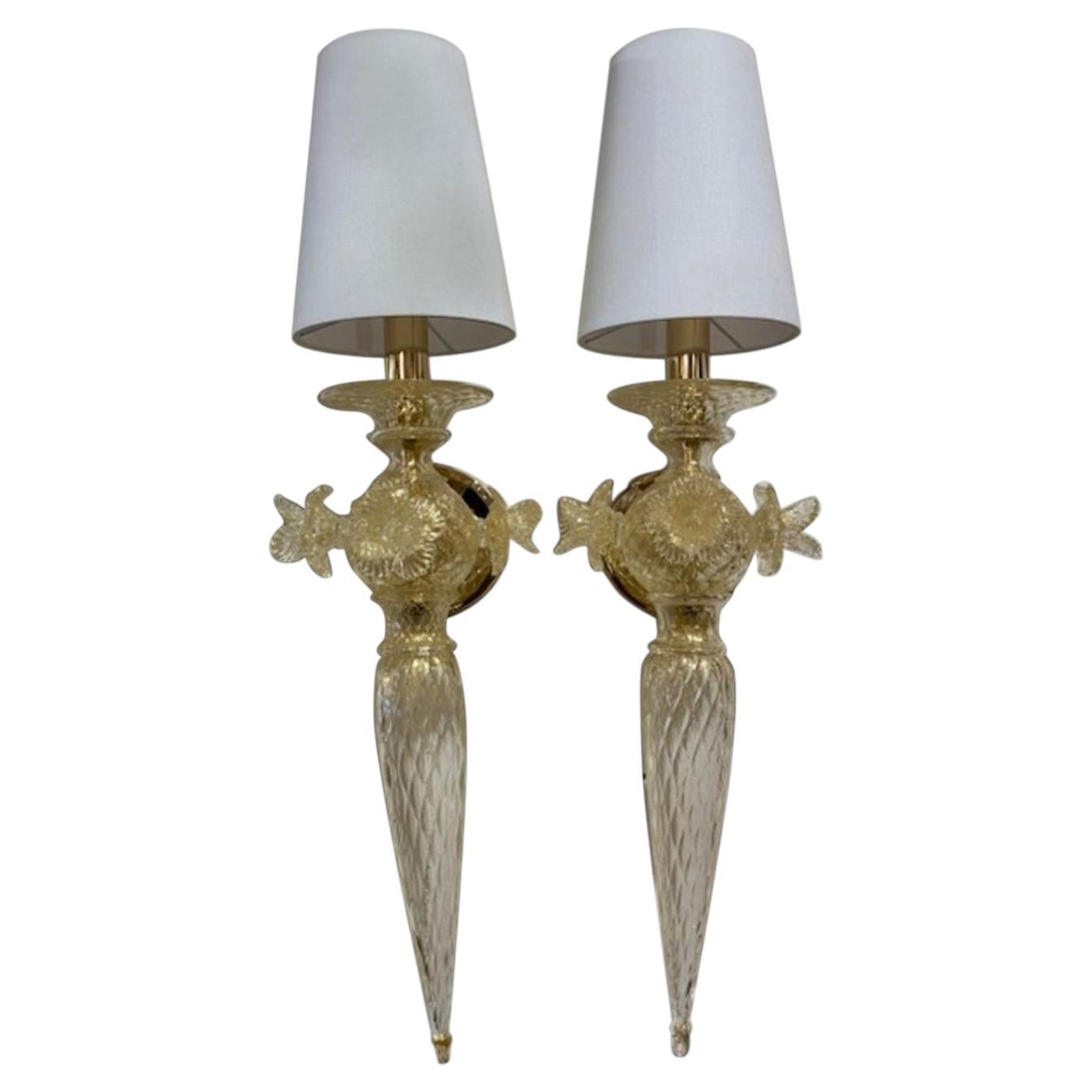 Italian Gold Murano Glass Flower Sconces For Sale