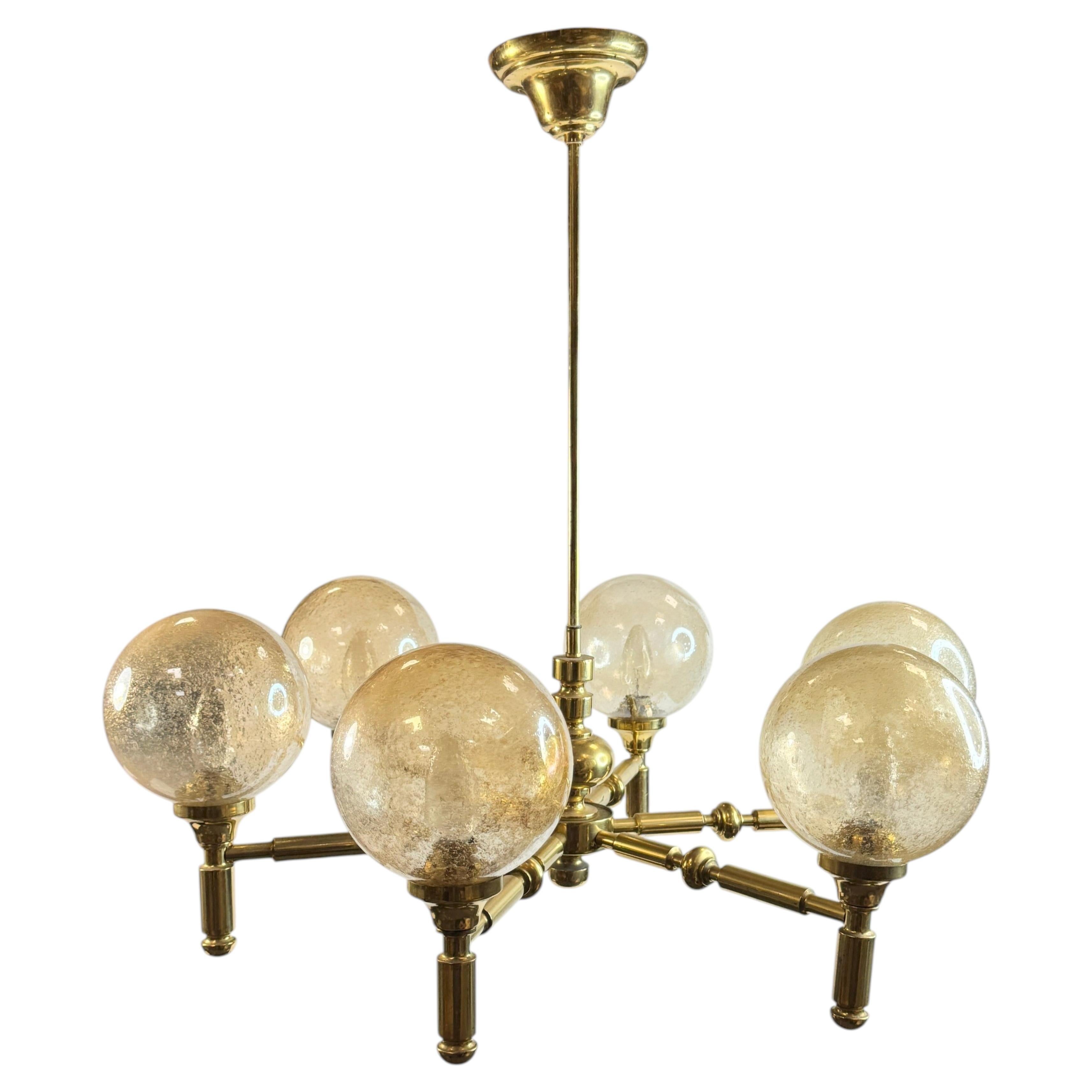 Italian Gold-Plated Brass Chandelier with 6 Glass Globes in Style Angelo Brotto For Sale