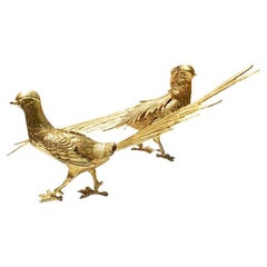 Italian Gold Plated Vermeil Pheasant Couple Figures, a Pair