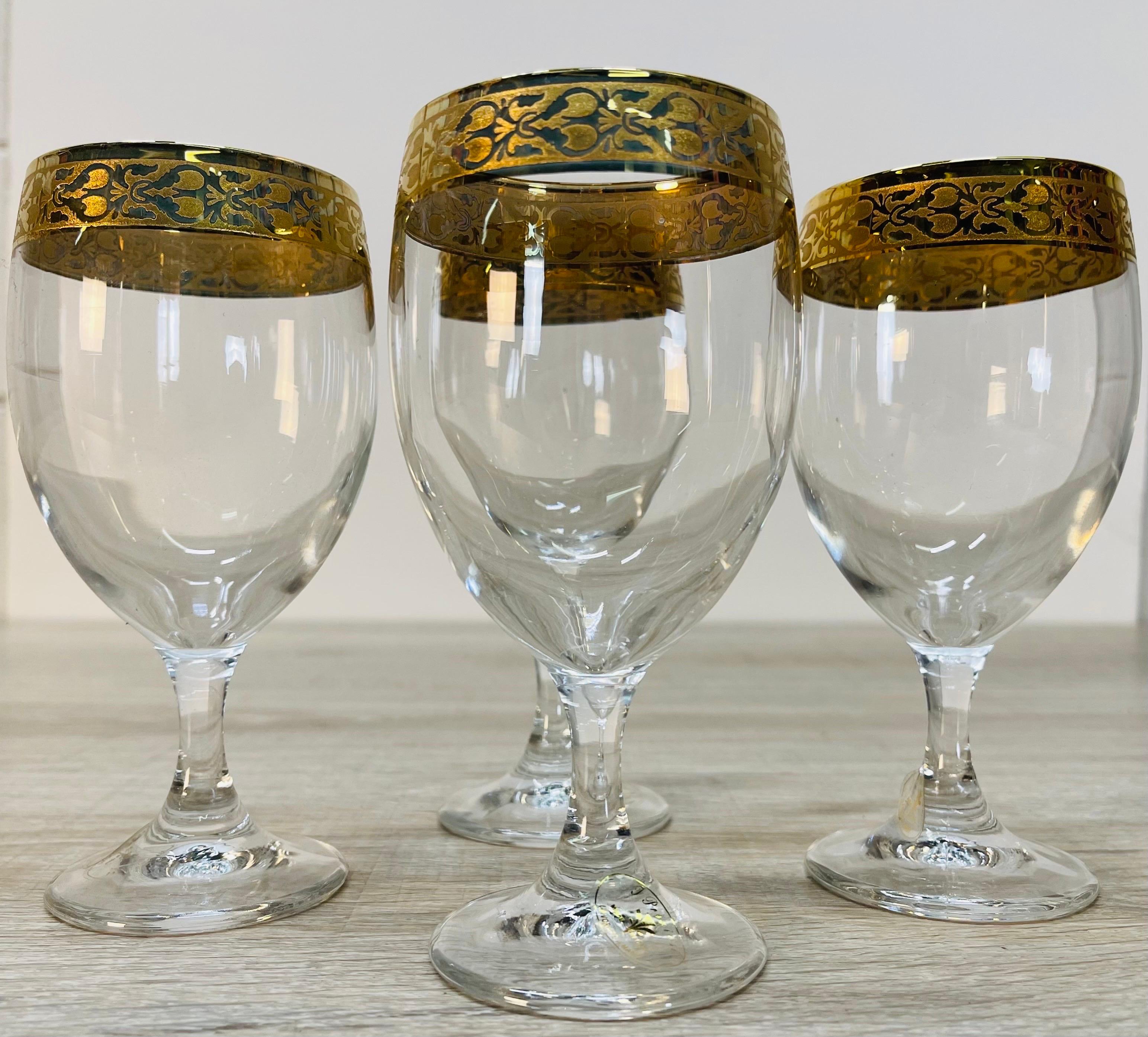 Vintage 1970s set of 4 Italian gold rim glass wine stems with original label. Marked.