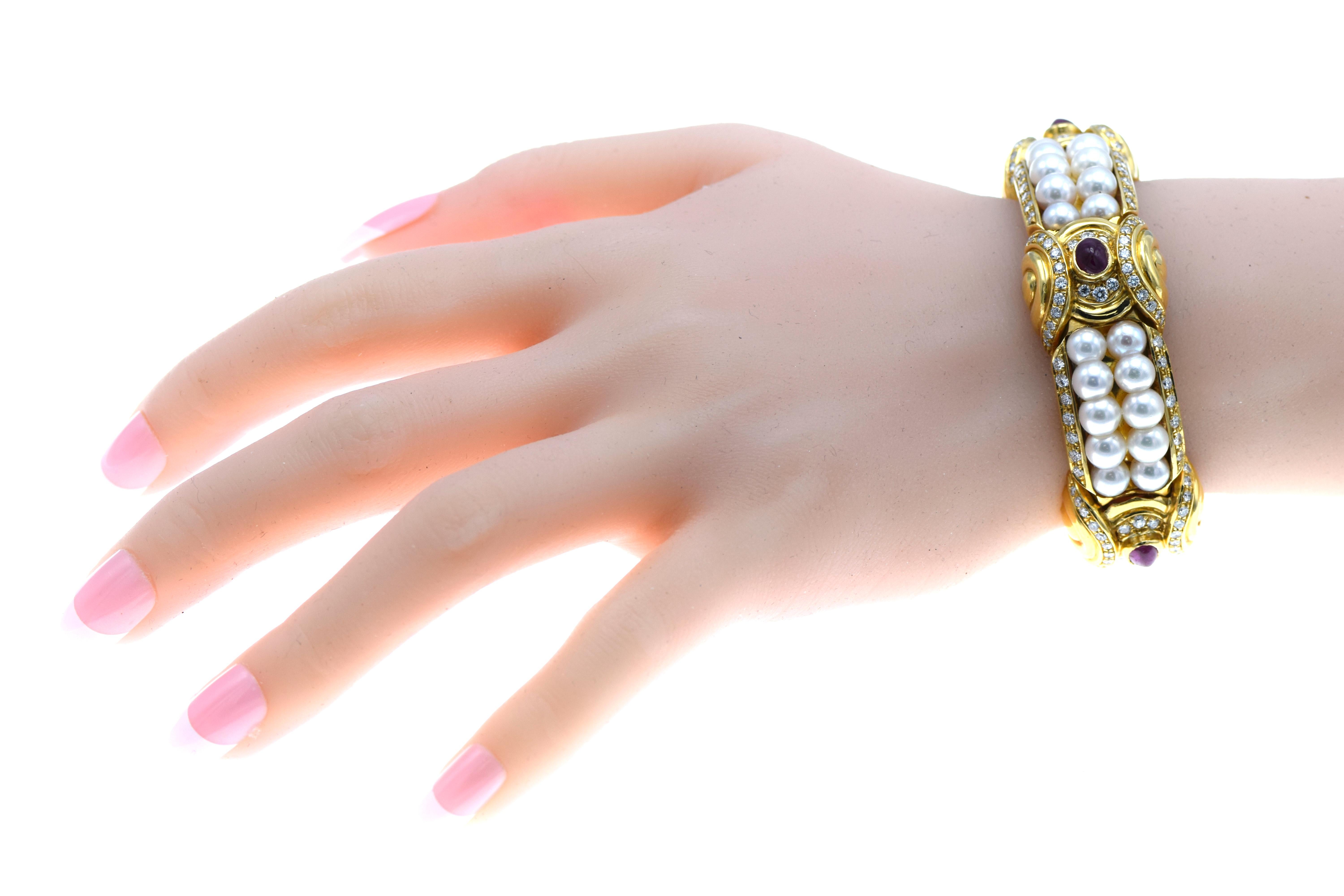 Contemporary Italian Gold, Ruby, Diamond and Pearl Cuff Bracelet